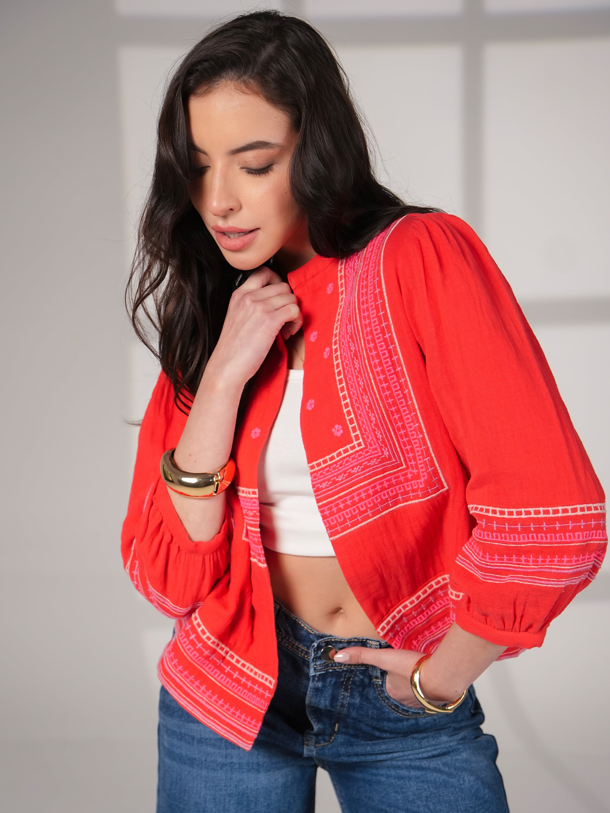 Florence Coral Red Embroidered Easy Throw-On Jacket