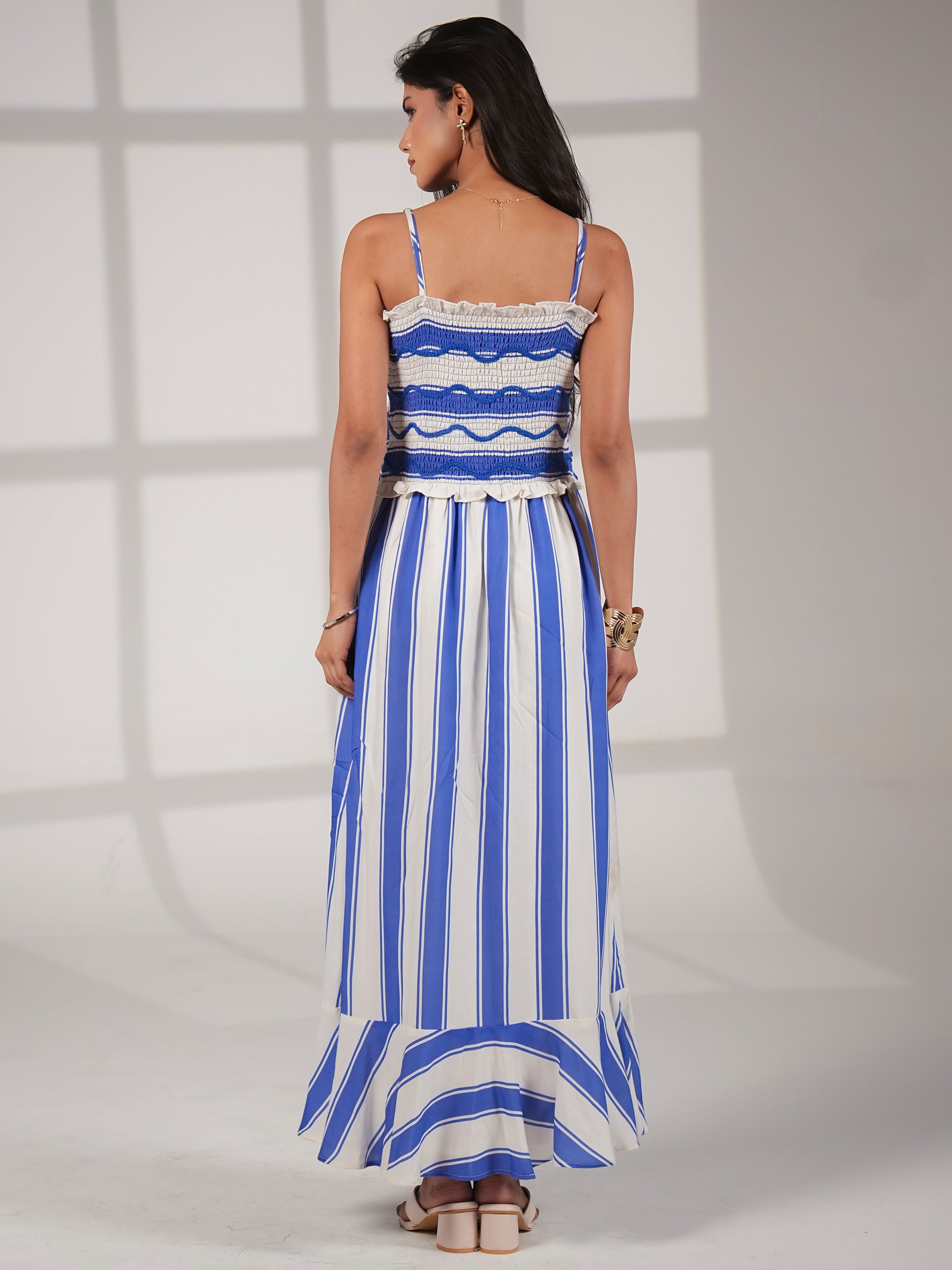 Seraphine Blue And White Stripe Wave Embroidered Maxi Dress
