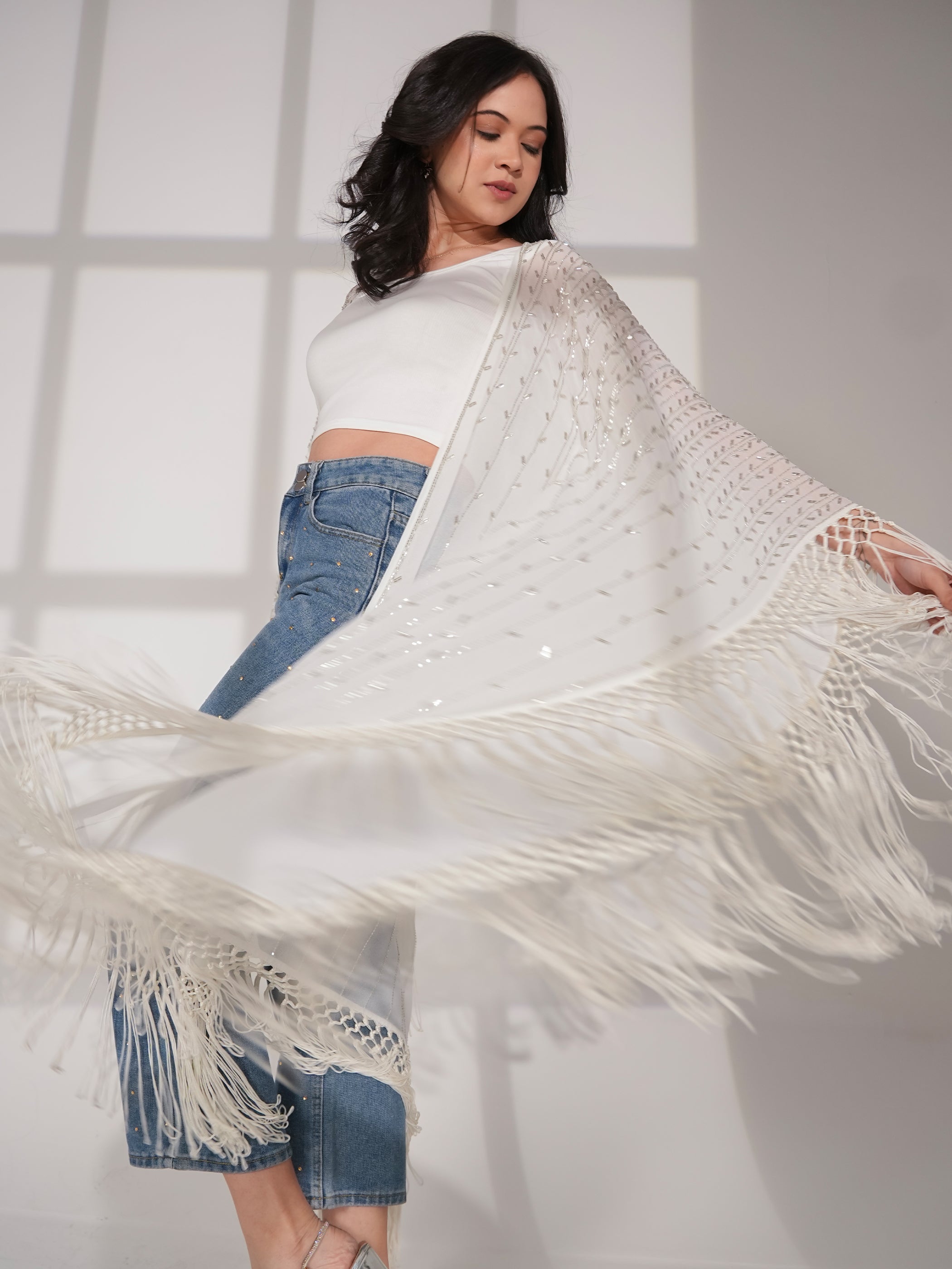 Fi Ivory Statement Hand Embellished Fringe Trim Kimono