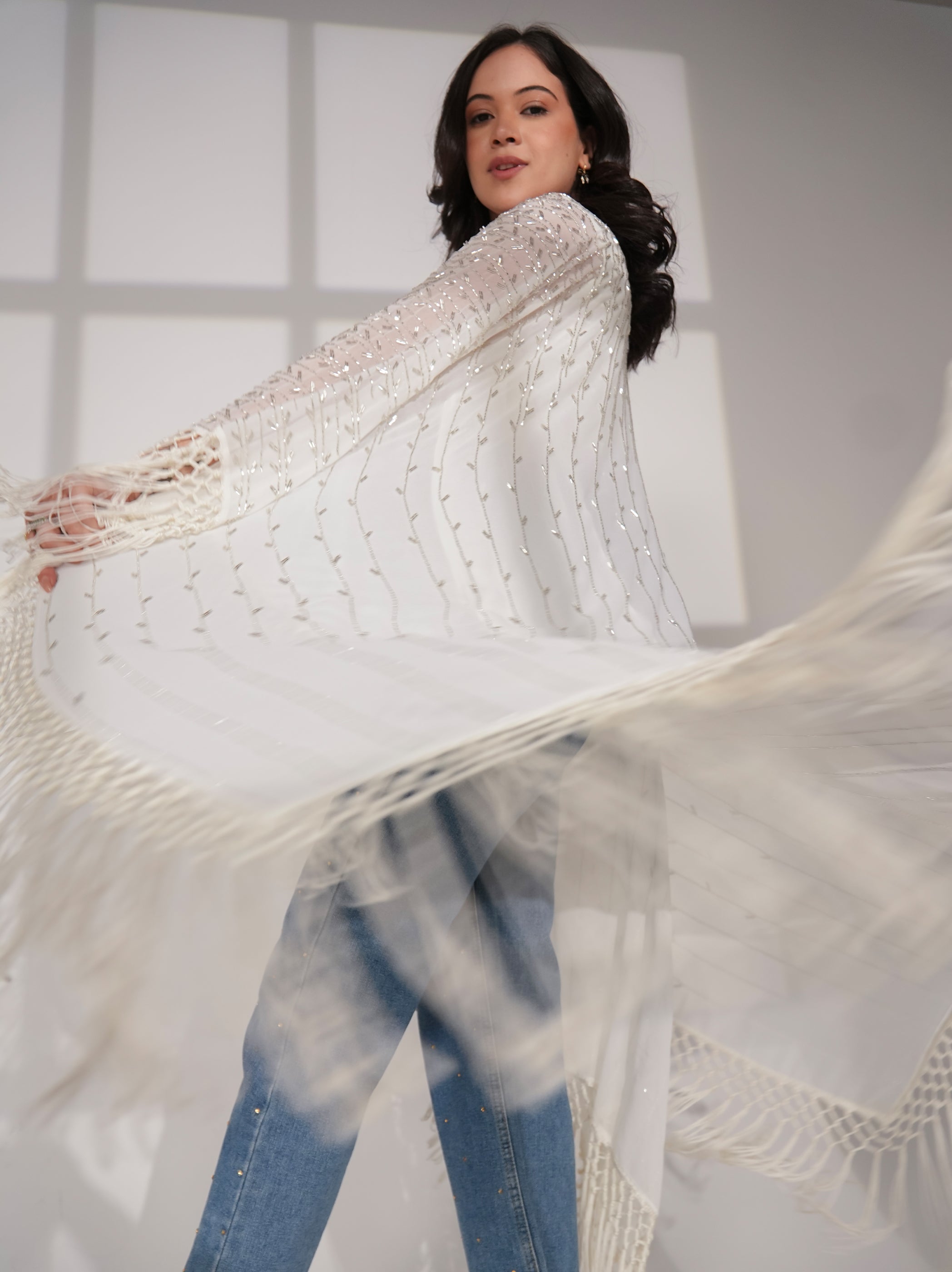 Fi Ivory Statement Hand Embellished Fringe Trim Kimono