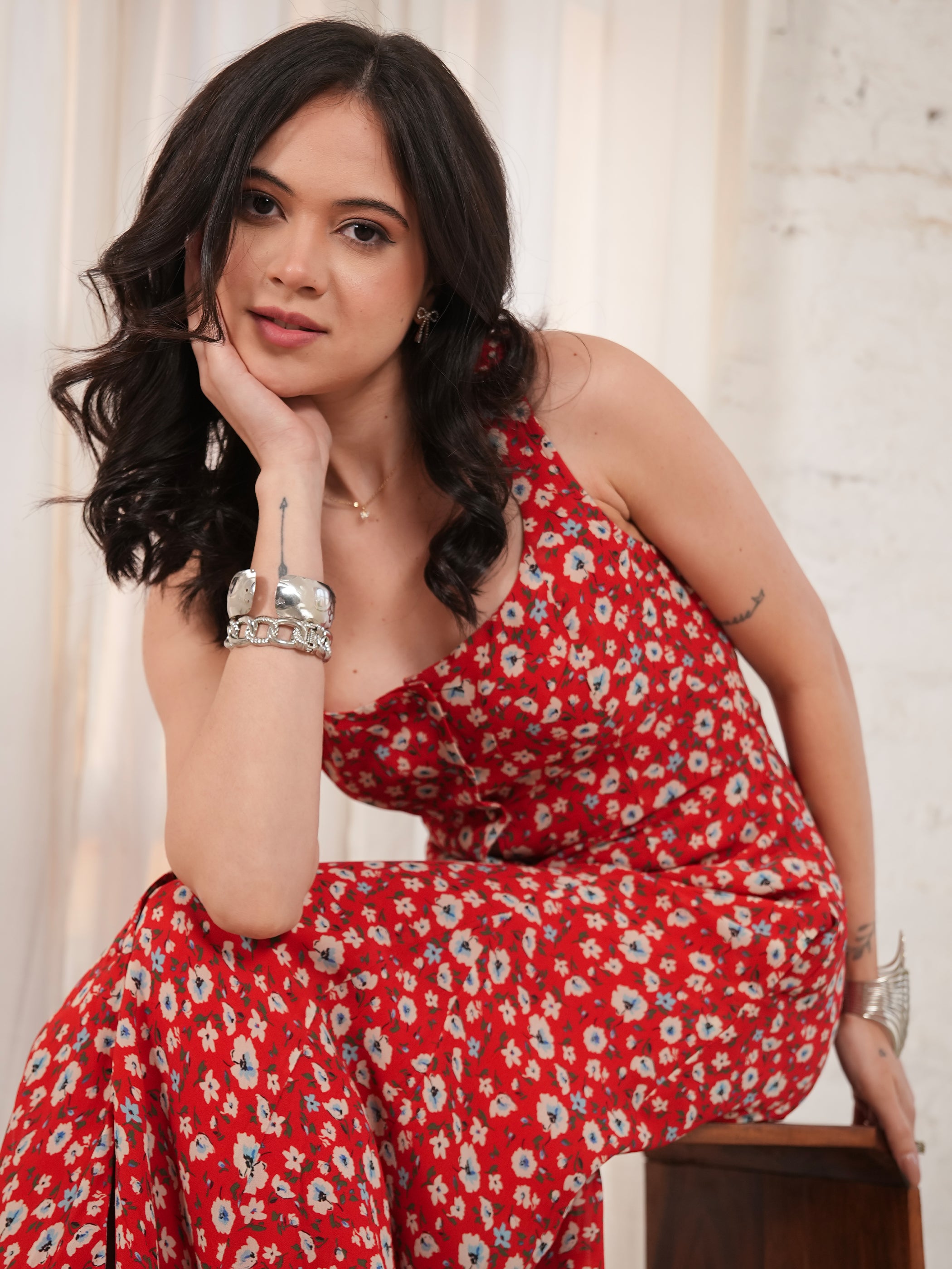 Philippa Red Floral Print Midi Dress