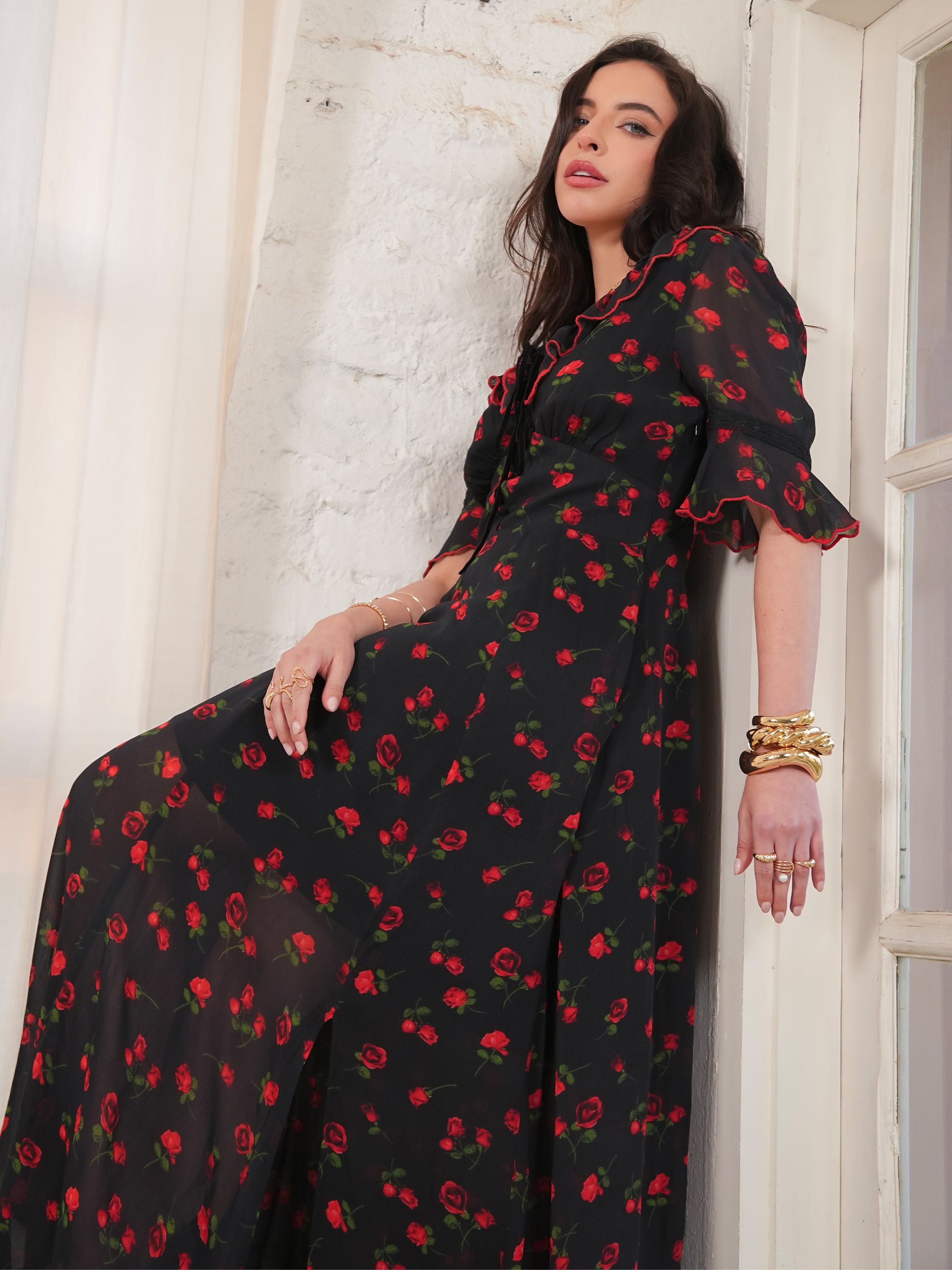 Toni Red Rose Print Velvet Tie Maxi Dress