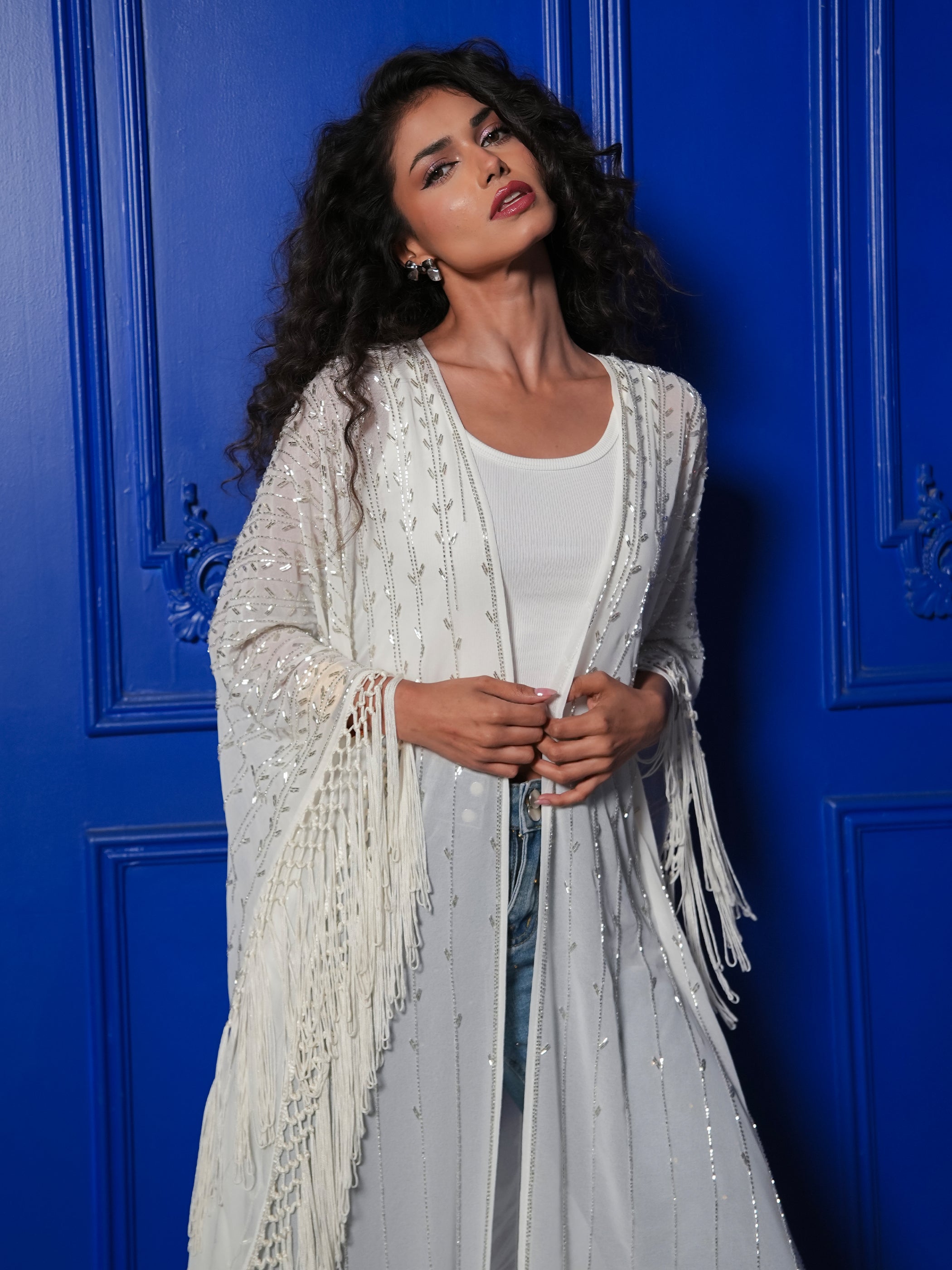 Fi Ivory Statement Hand Embellished Fringe Trim Kimono