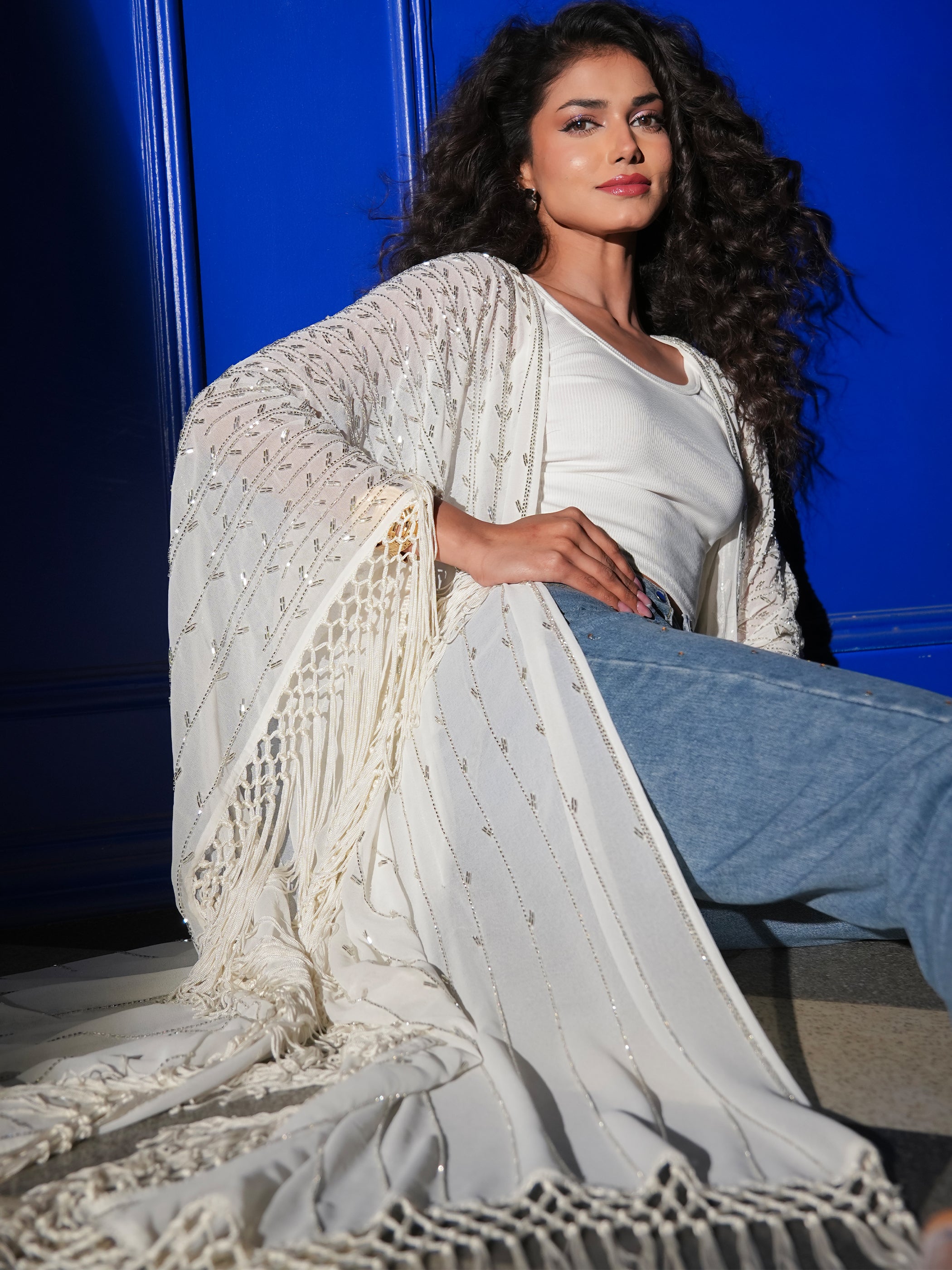 Fi Ivory Statement Hand Embellished Fringe Trim Kimono