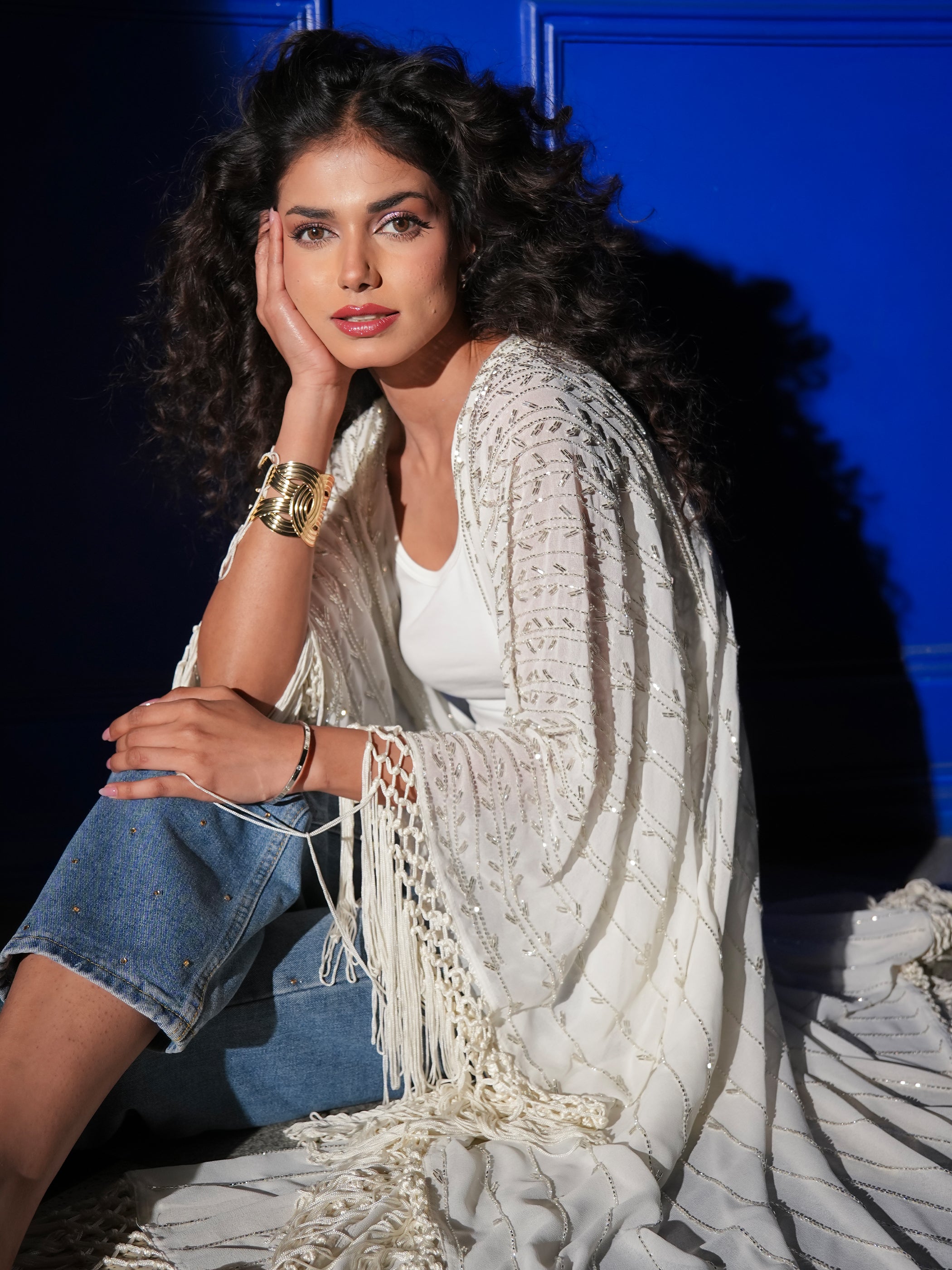 Fi Ivory Statement Hand Embellished Fringe Trim Kimono