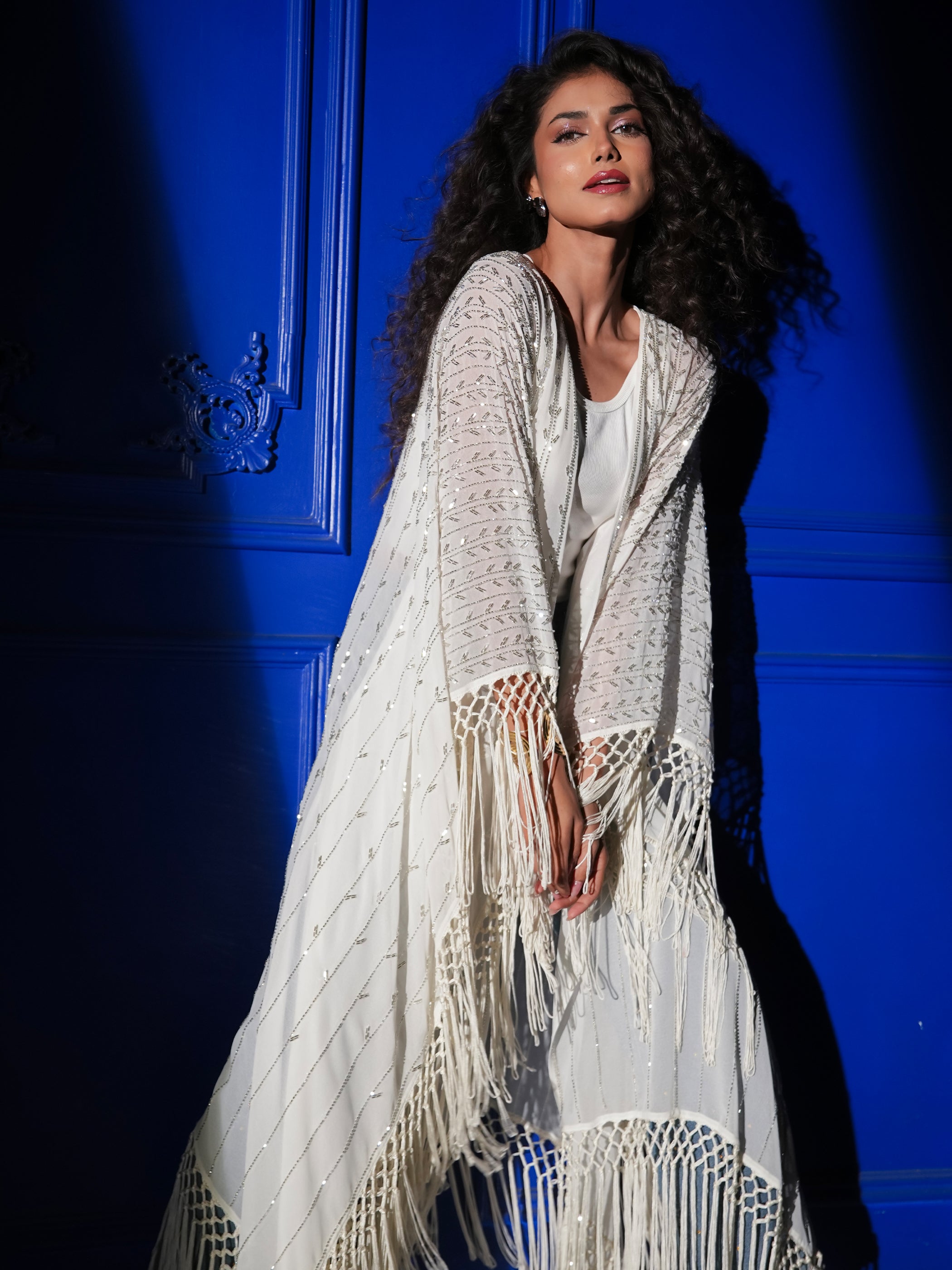 Fi Ivory Statement Hand Embellished Fringe Trim Kimono