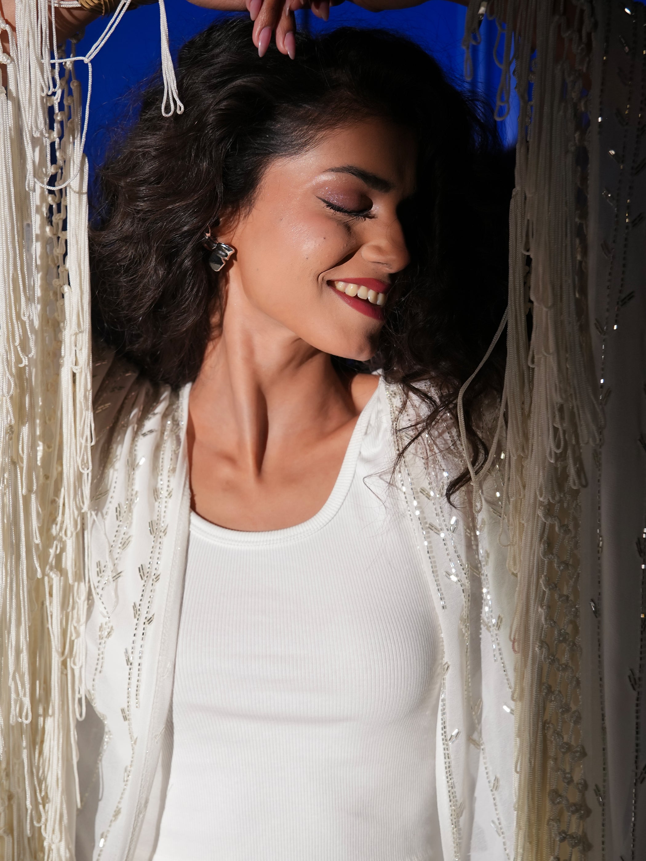 Fi Ivory Statement Hand Embellished Fringe Trim Kimono