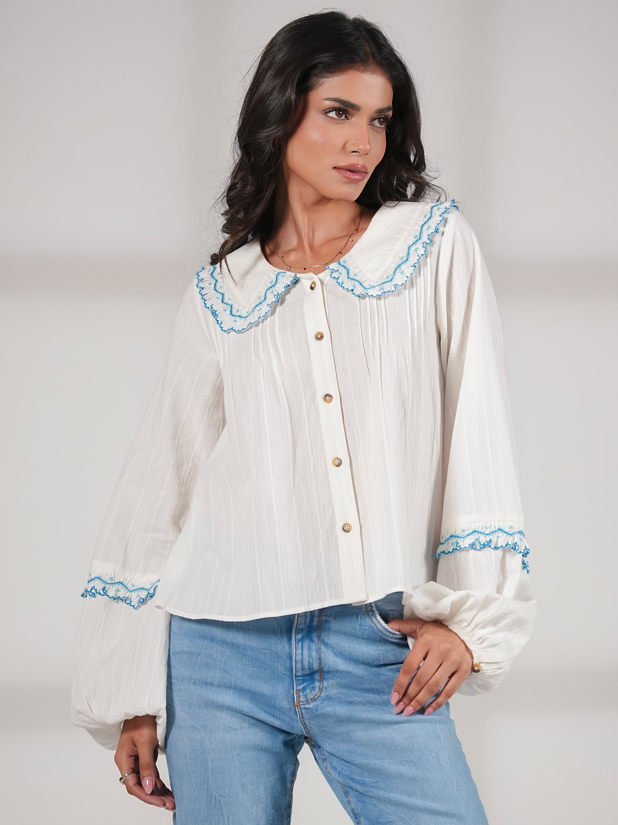 Angie Ivory Embroidered Collar Shirt