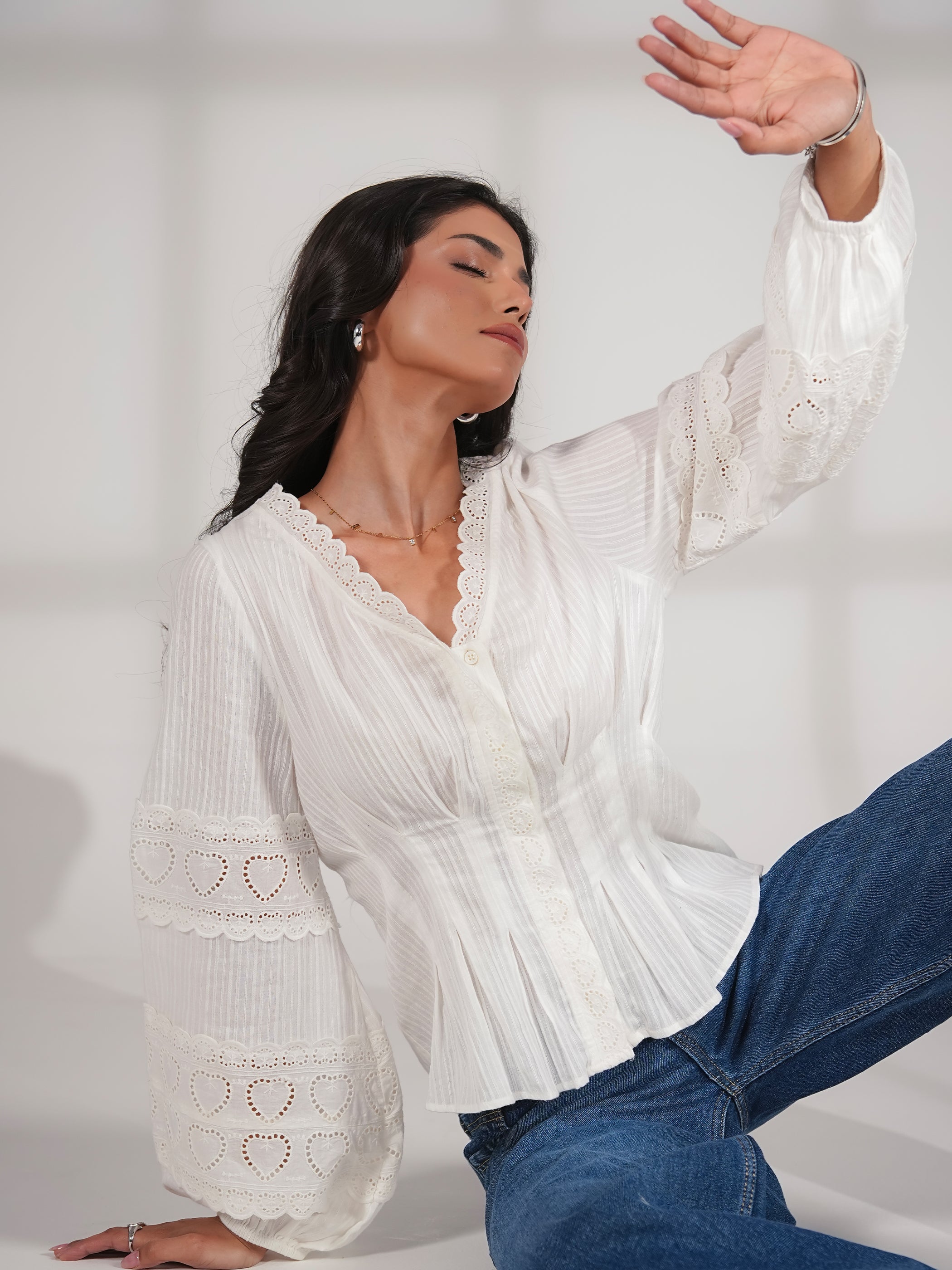 Harri White Cotton Heart Lace Blouse