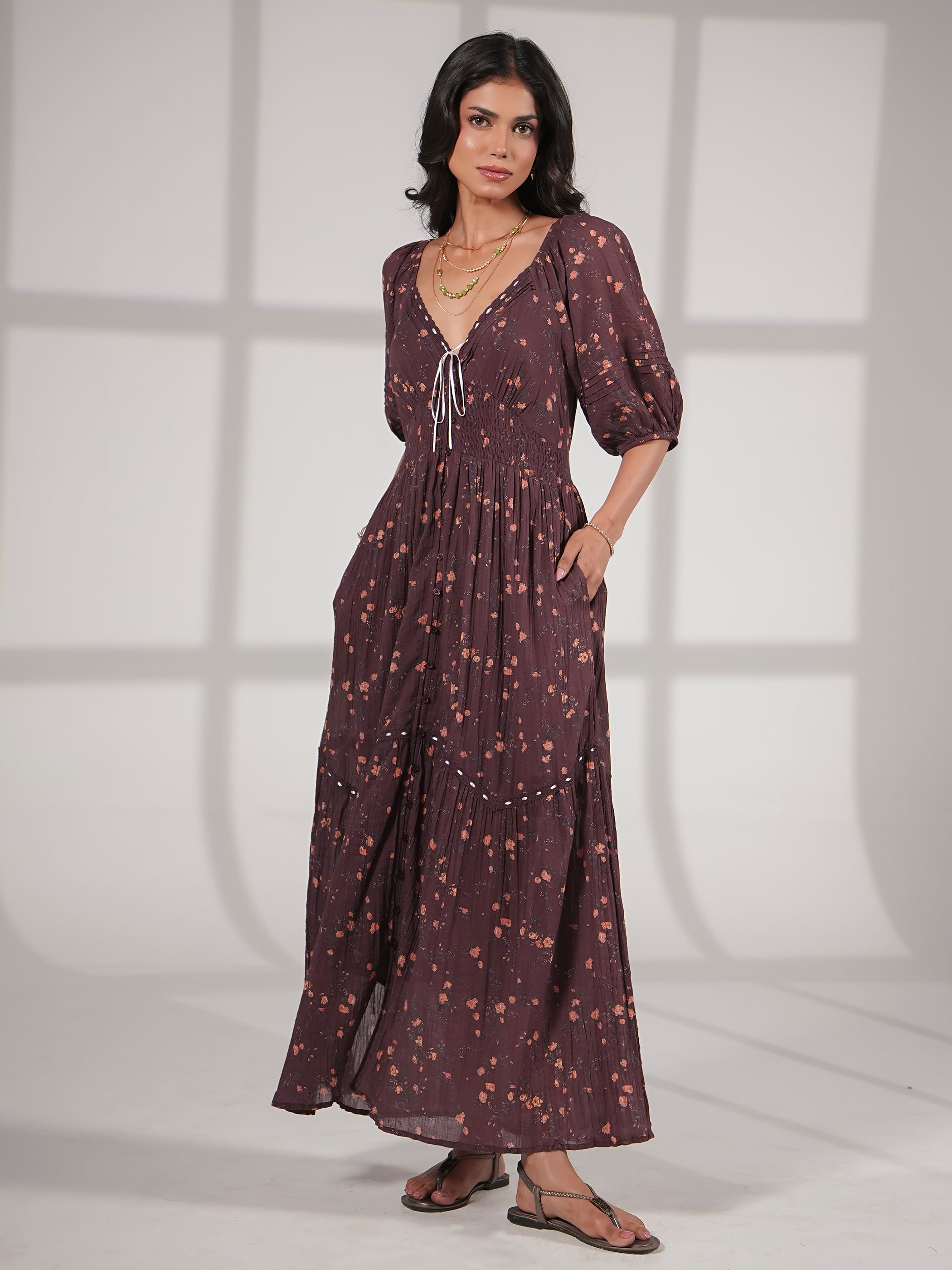 Eloise Burgundy Floral Cotton Crinkle Midi Dress