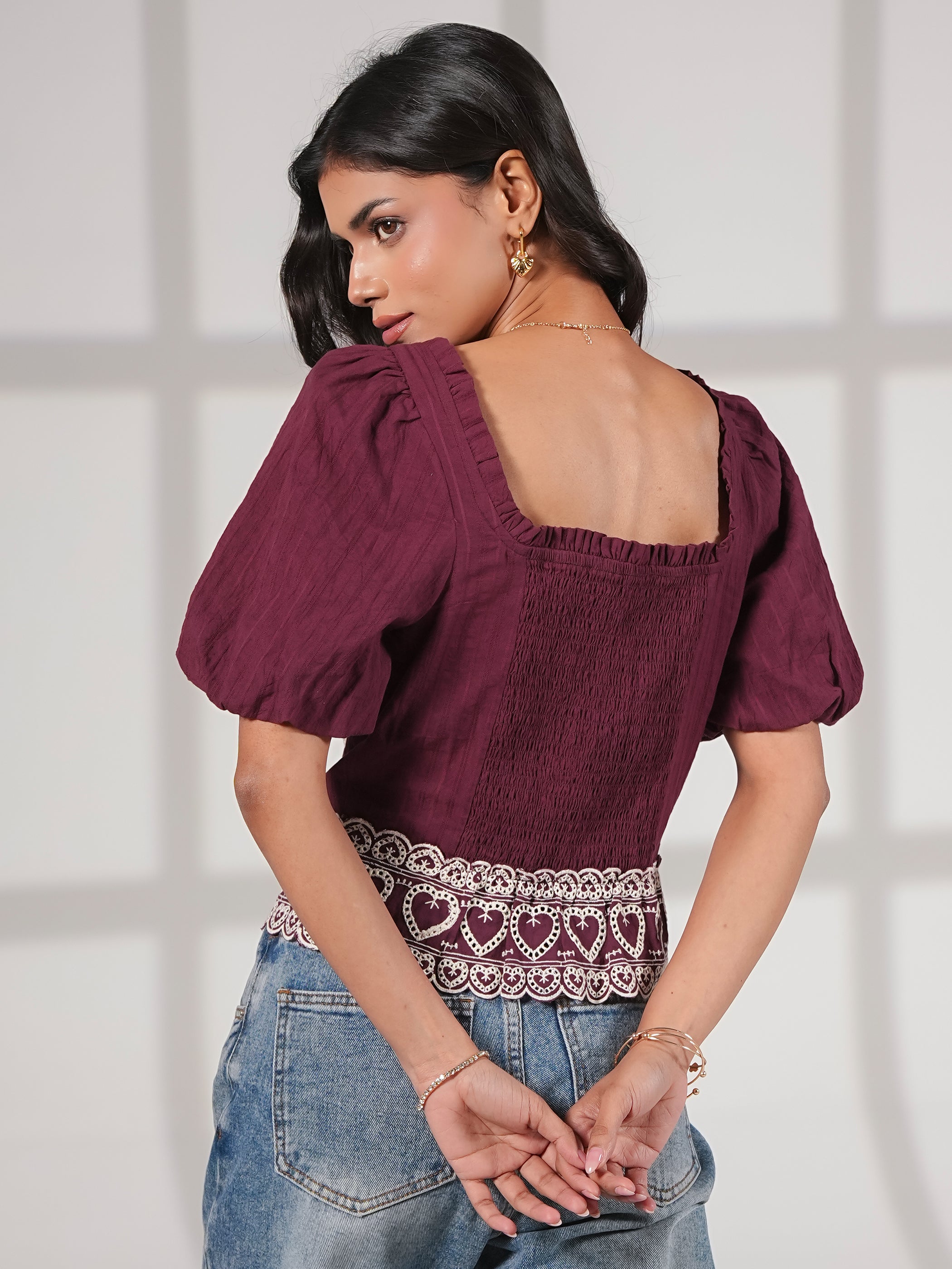 Harri Burgundy Heart Embroidery Short Sleeve Top