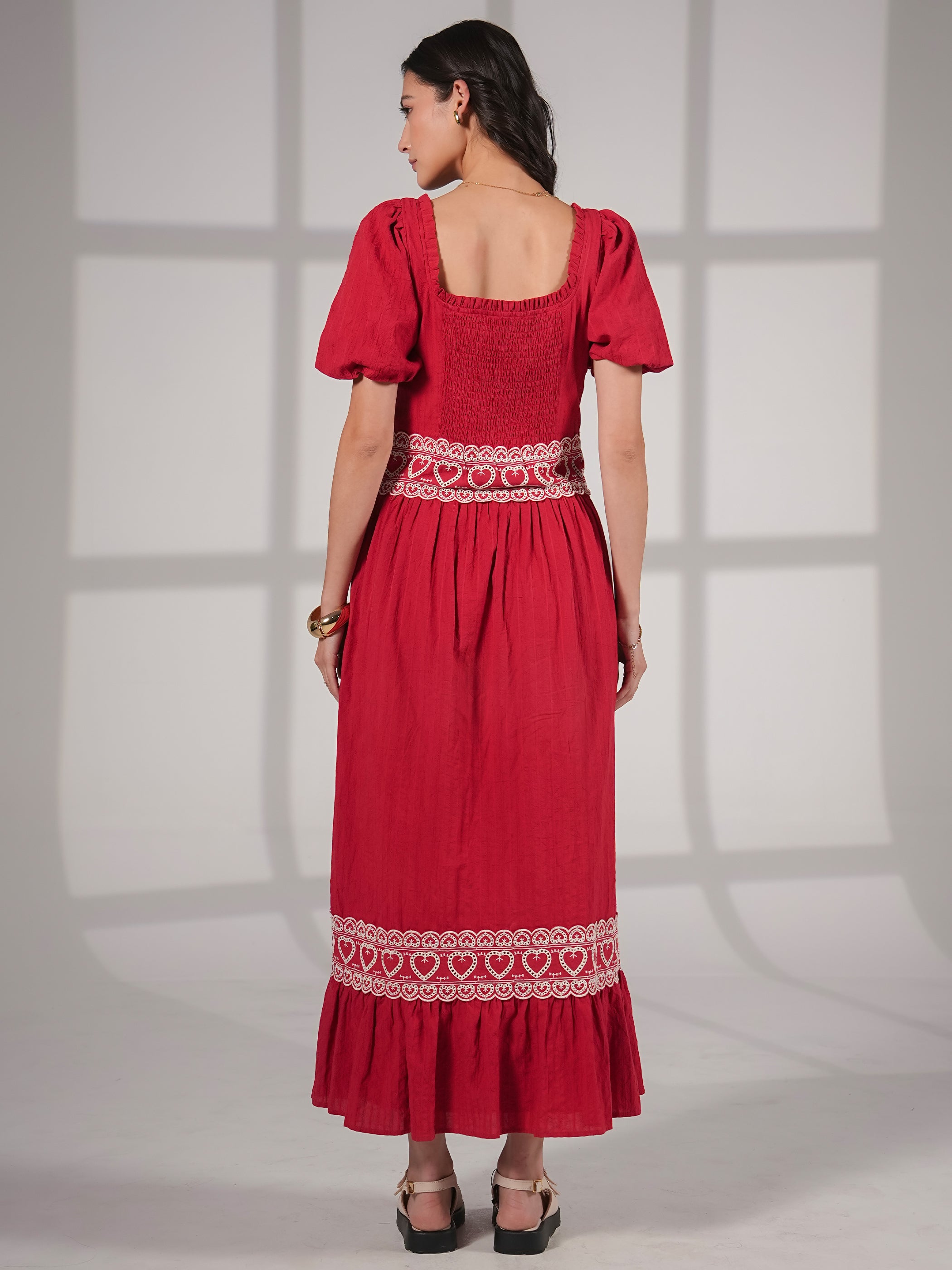 Harri Red And White Cotton Heart Embroidery Short Sleeve Maxi Dress