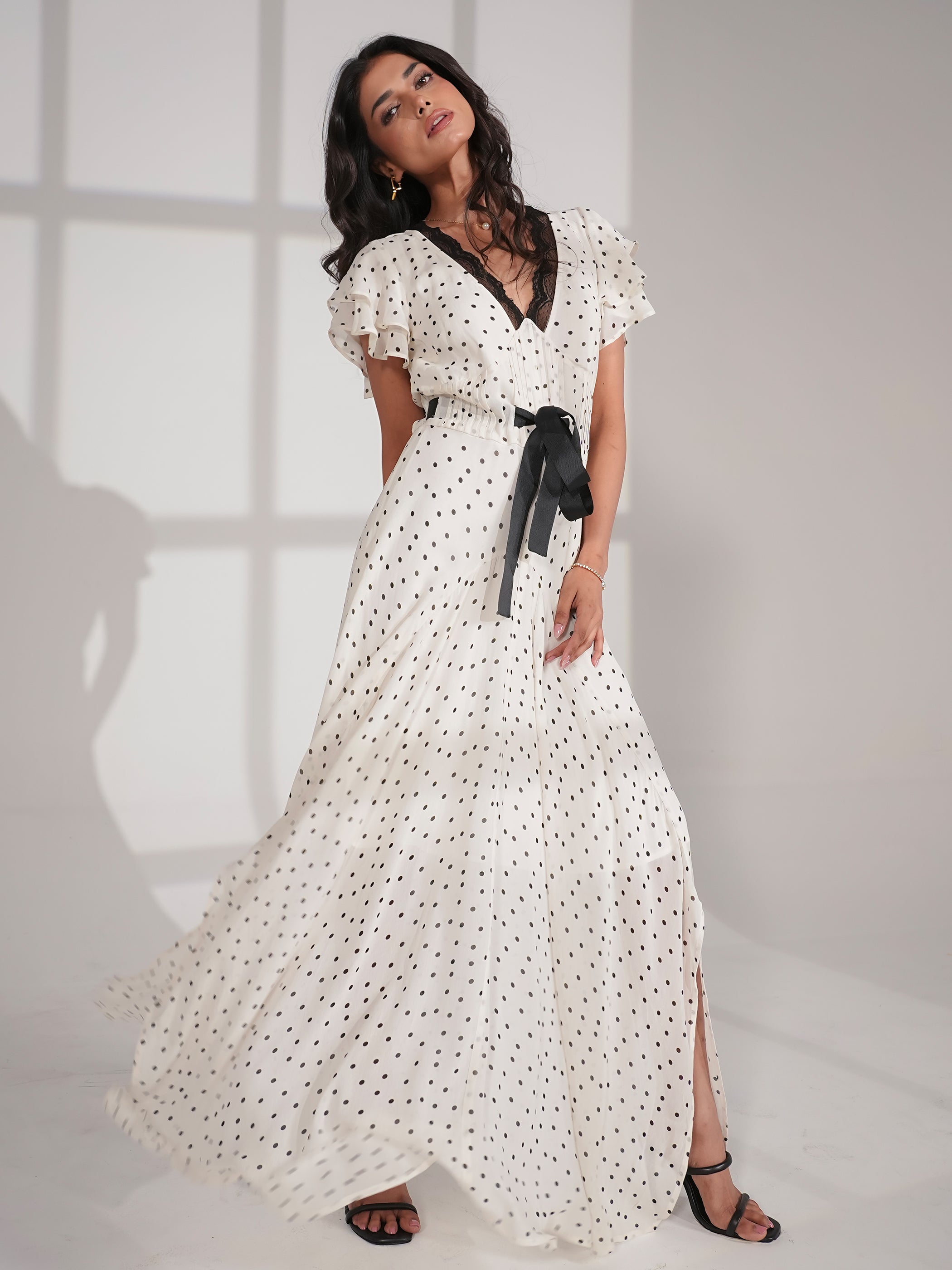 Chloe Ivory Spot Print Lace Detail Tie Waist Maxi Dress