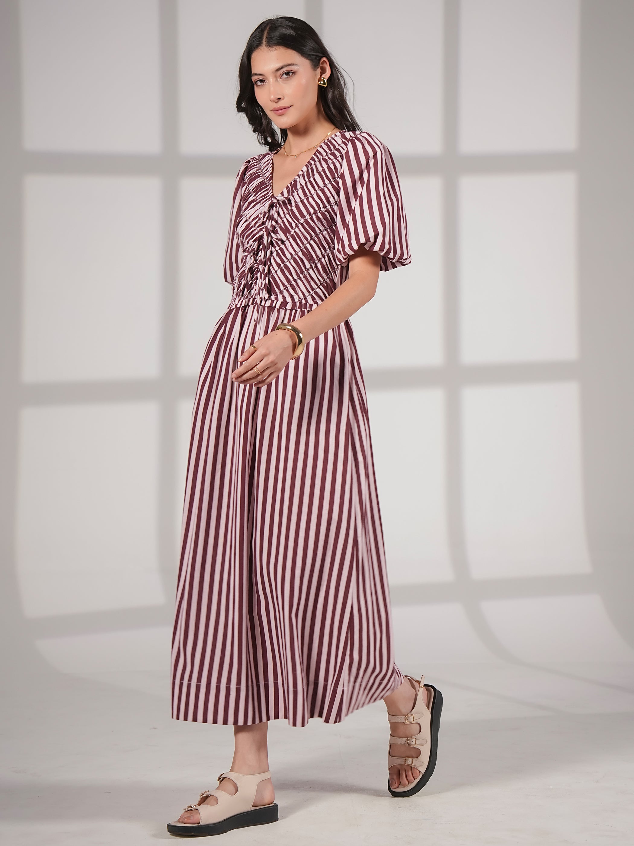 Isla Burgundy And Pink Stripe Short Sleeve Linen Blend Dress