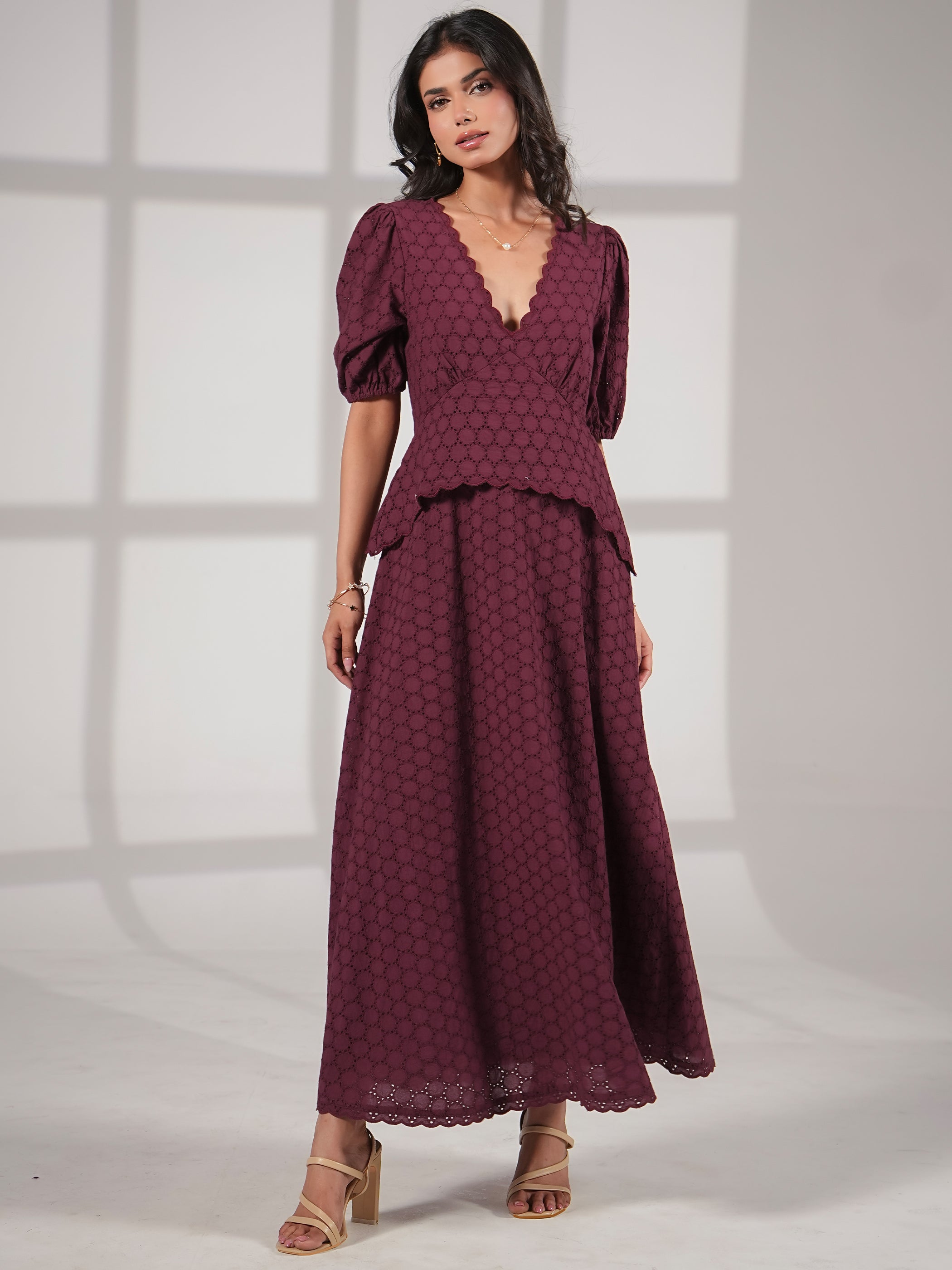 Holly Burgundy Embroidered Lace Cotton Midi Dress