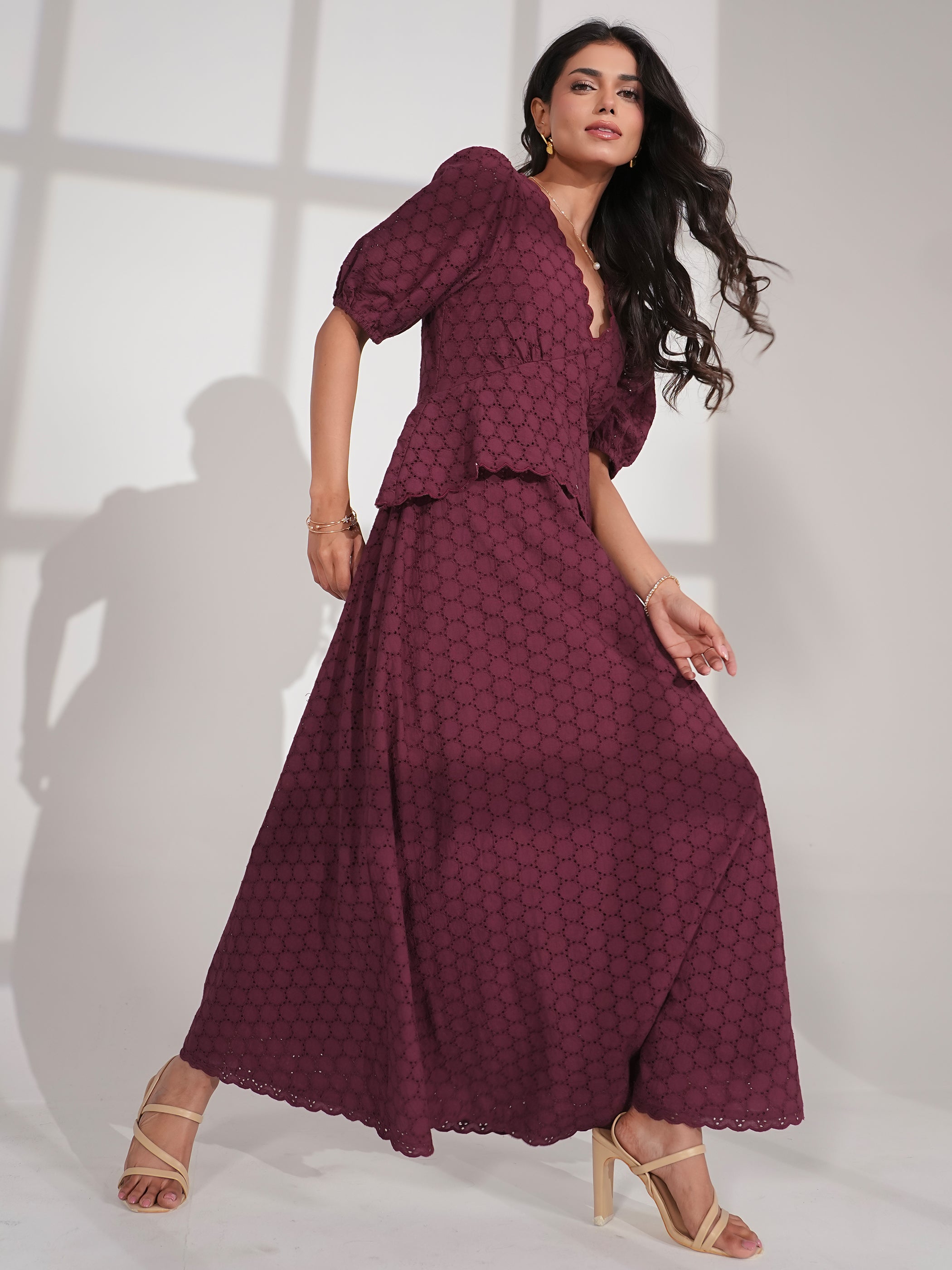 Holly Burgundy Embroidered Lace Cotton Midi Dress