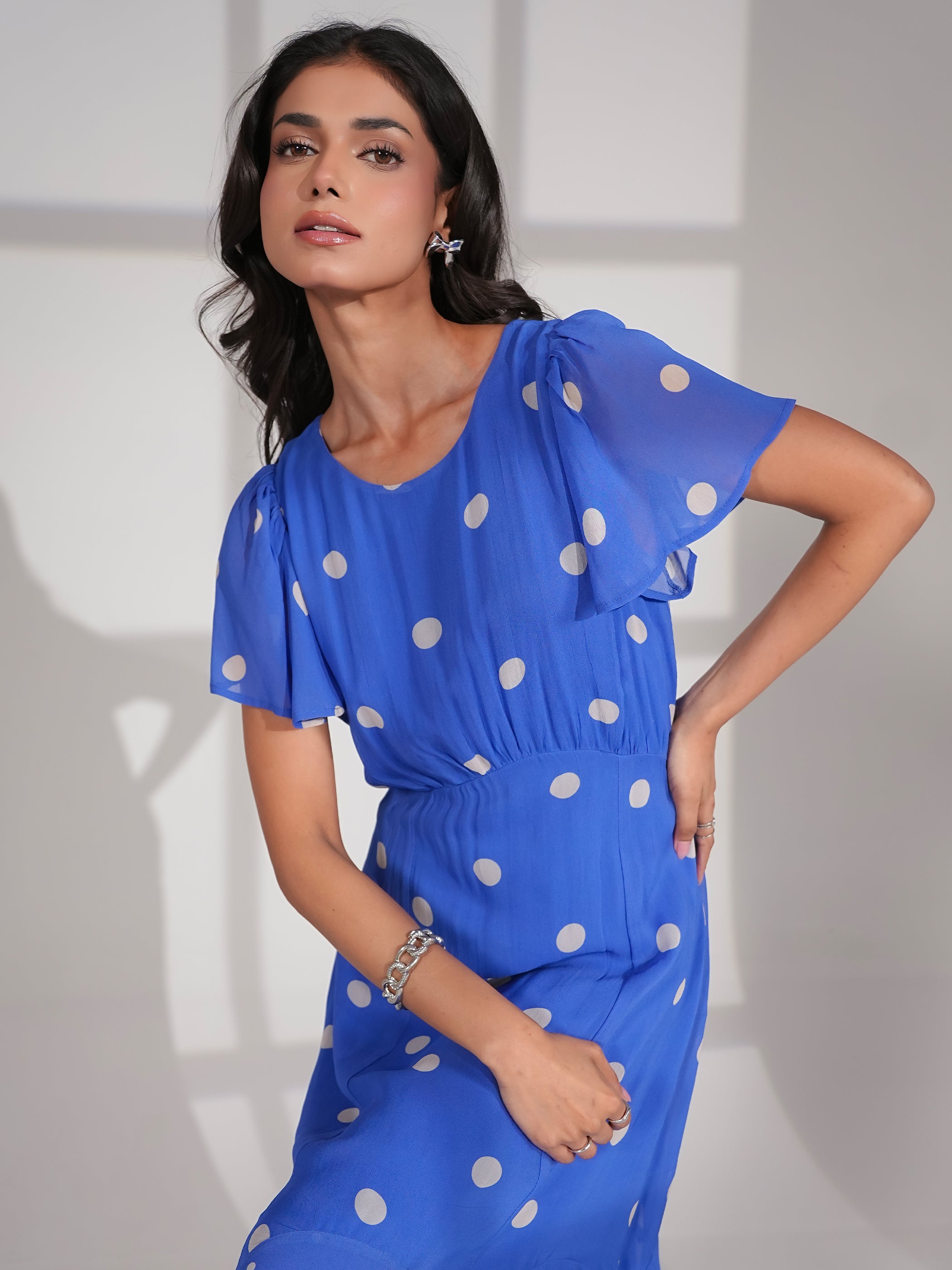 Joanna Blue And White Polka Dot Print Frill Sleeve Maxi Dress