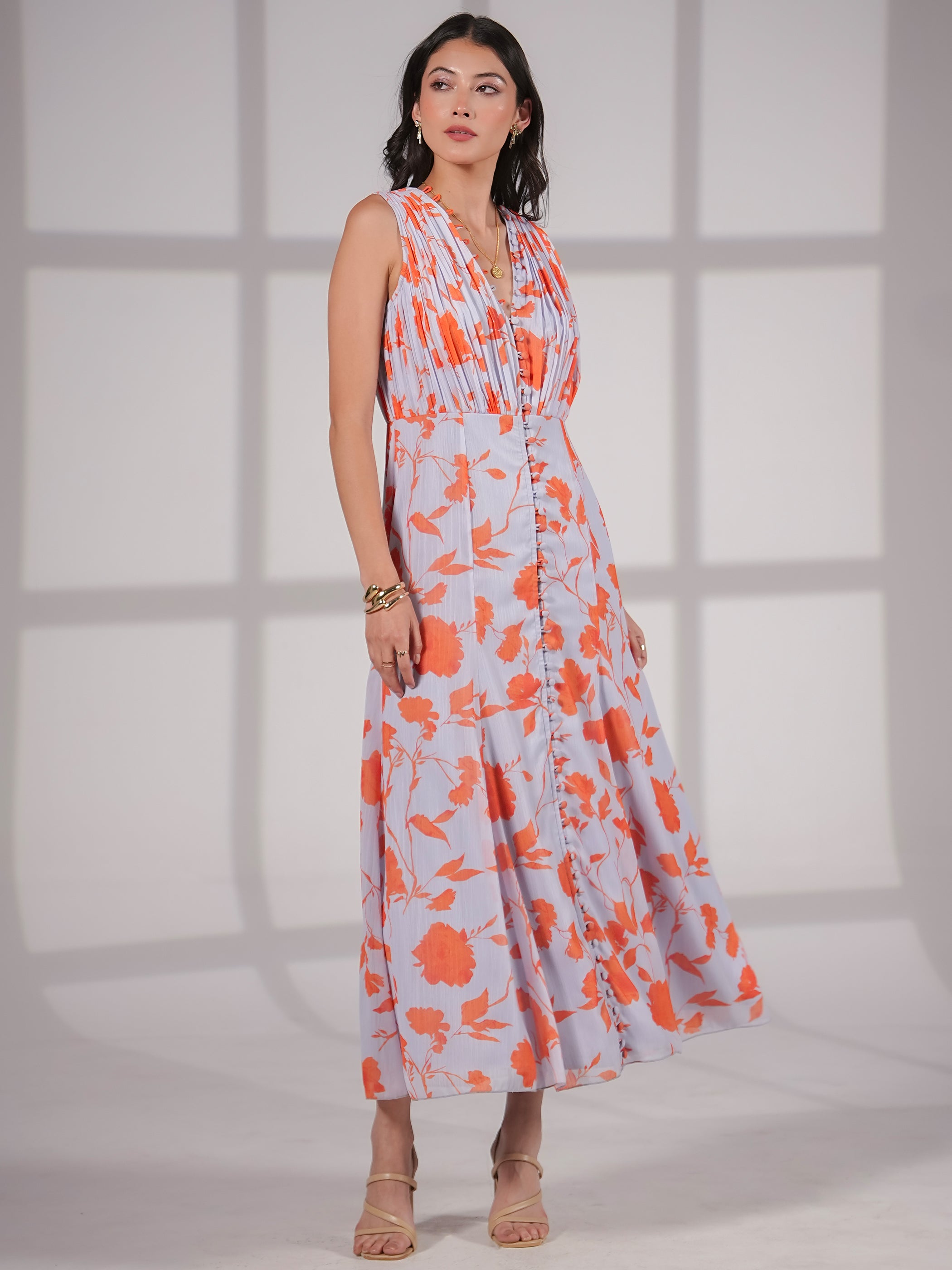 Florrie Blue and Orange Floral Print Midi Dress