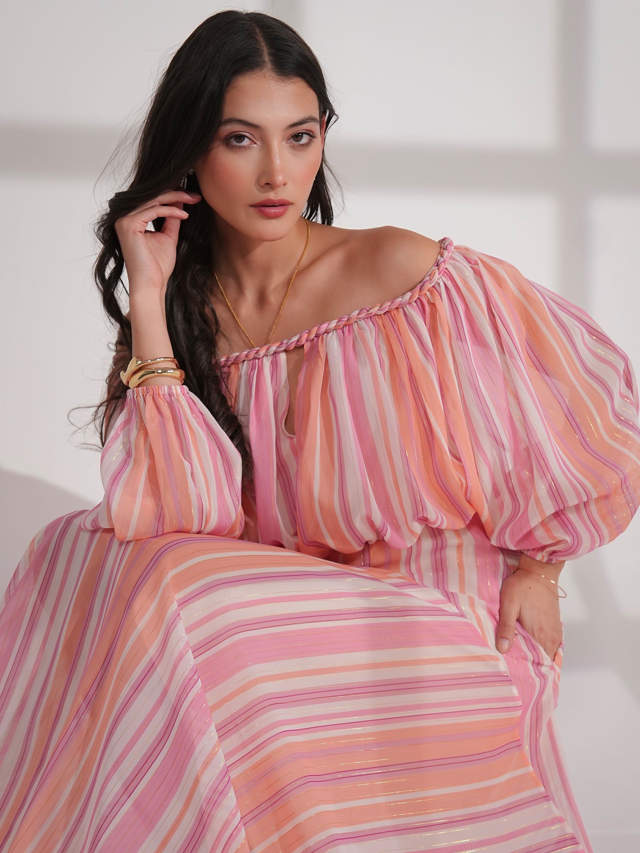 Lila Pink Coral Metallic Stripe Asymetric Haxi Dress