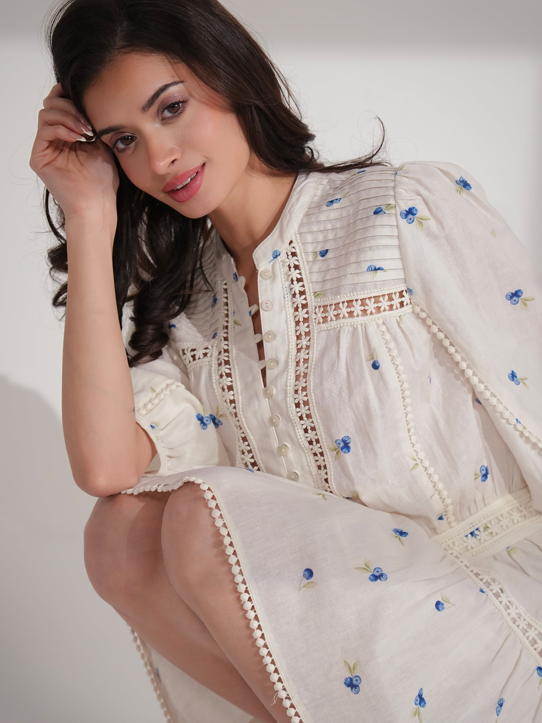 Jina Berry Print Lace Trim Linen Blend Mini Dress