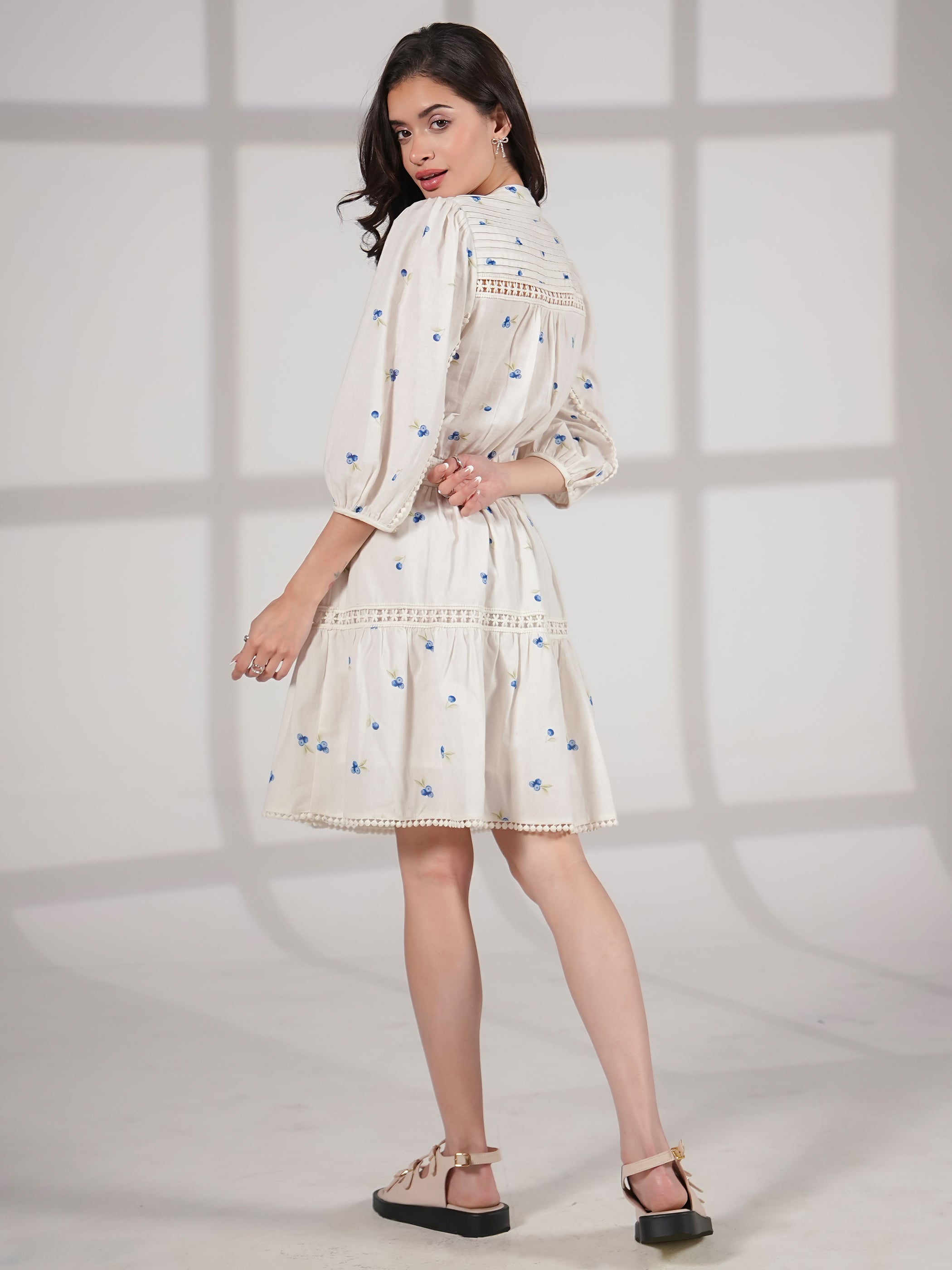 Jina Berry Print Lace Trim Linen Blend Mini Dress