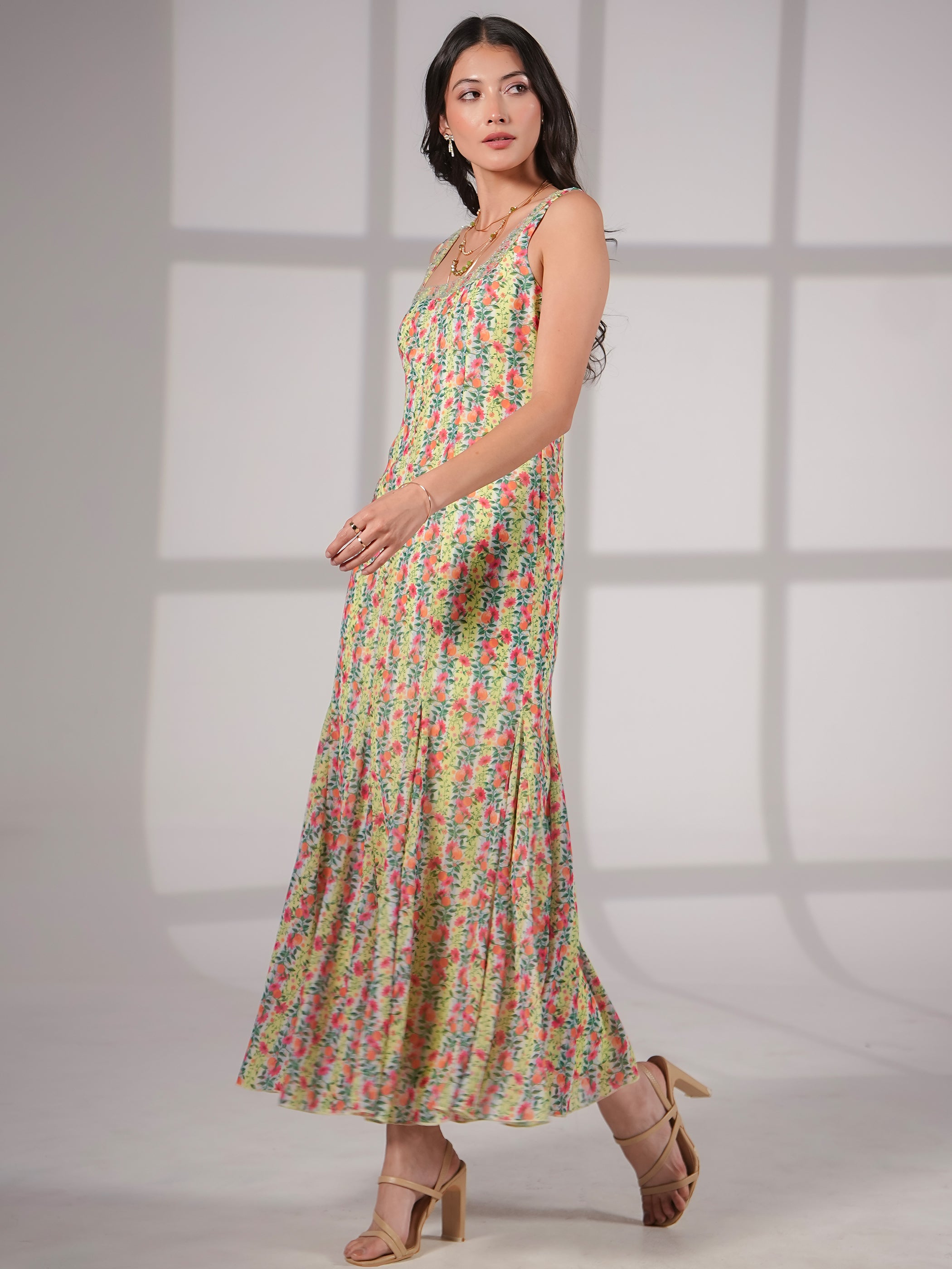 Annie Fit and Flare Hand Embellished Fruit Print Maxi Dress