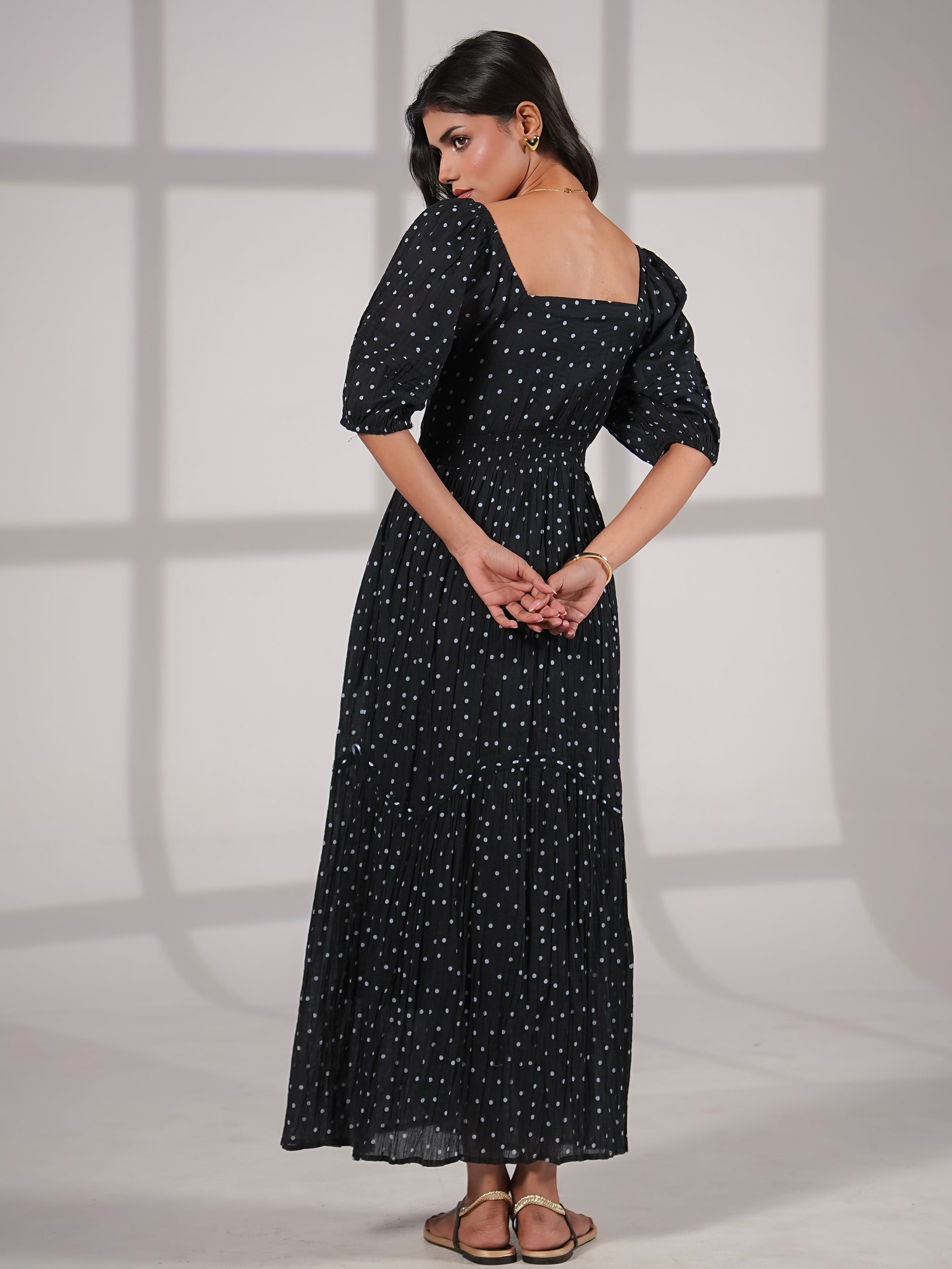 Eloise Black Blue Spot Print Cotton Crinkle Maxi Dress