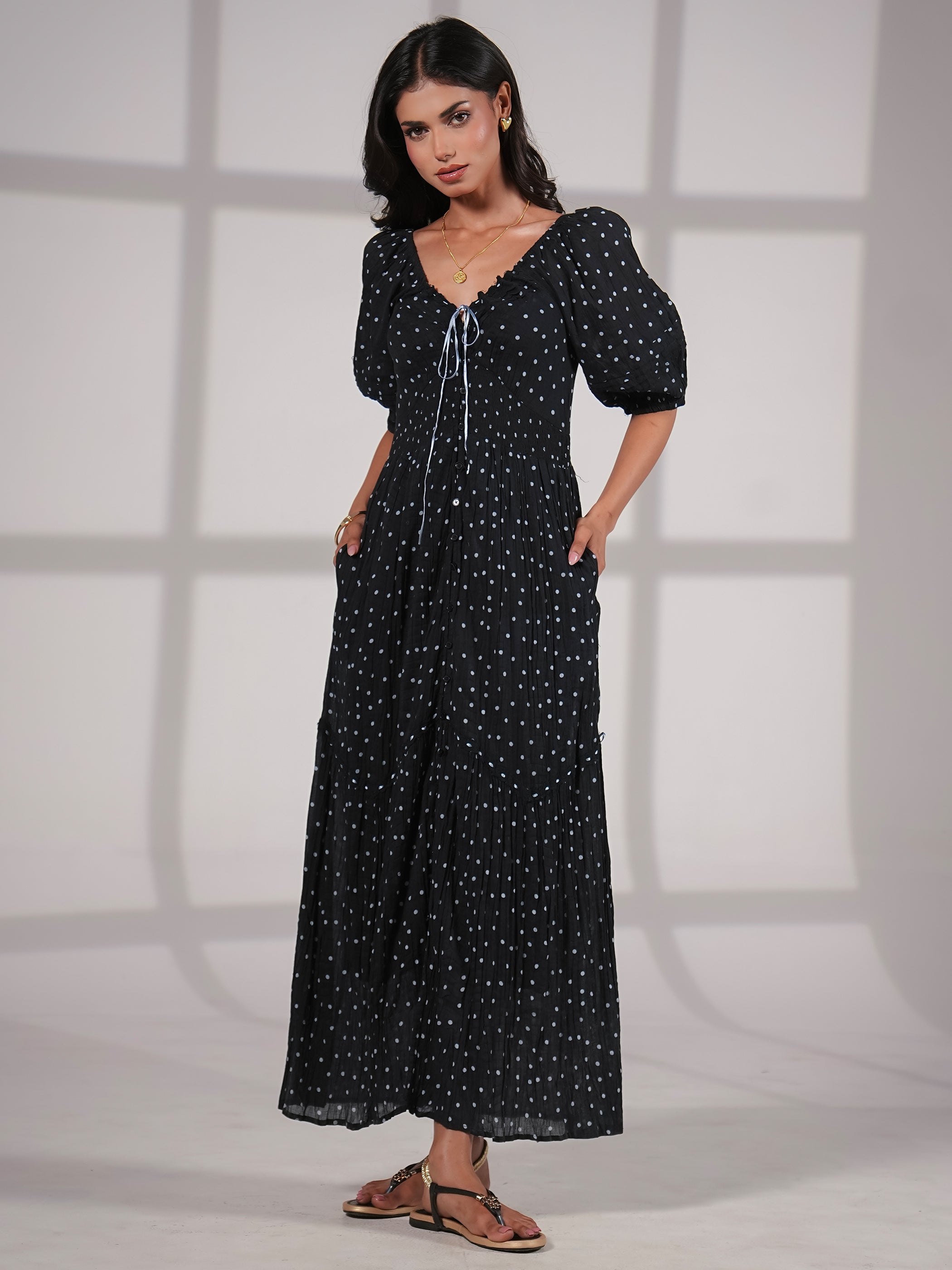 Eloise Black Blue Spot Print Cotton Crinkle Maxi Dress