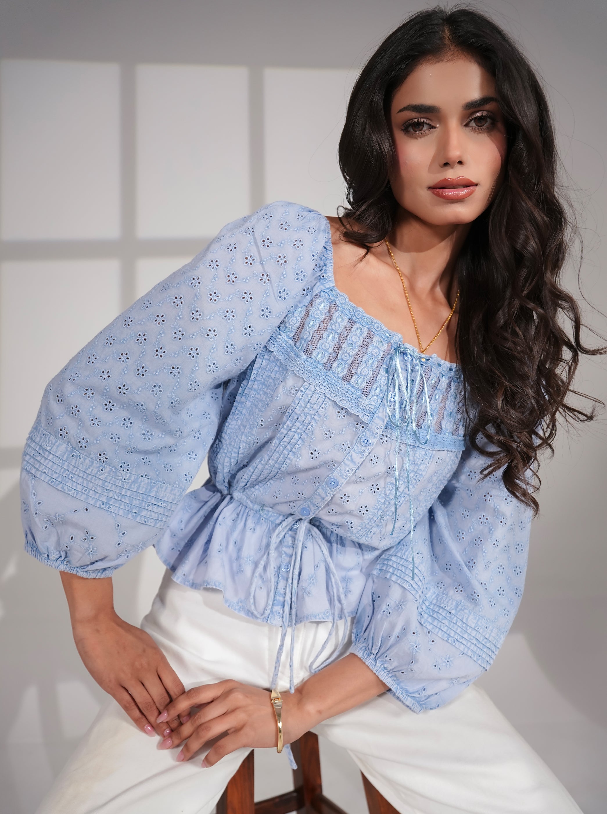 Dee Blue Washed Embroidery Cotton Top