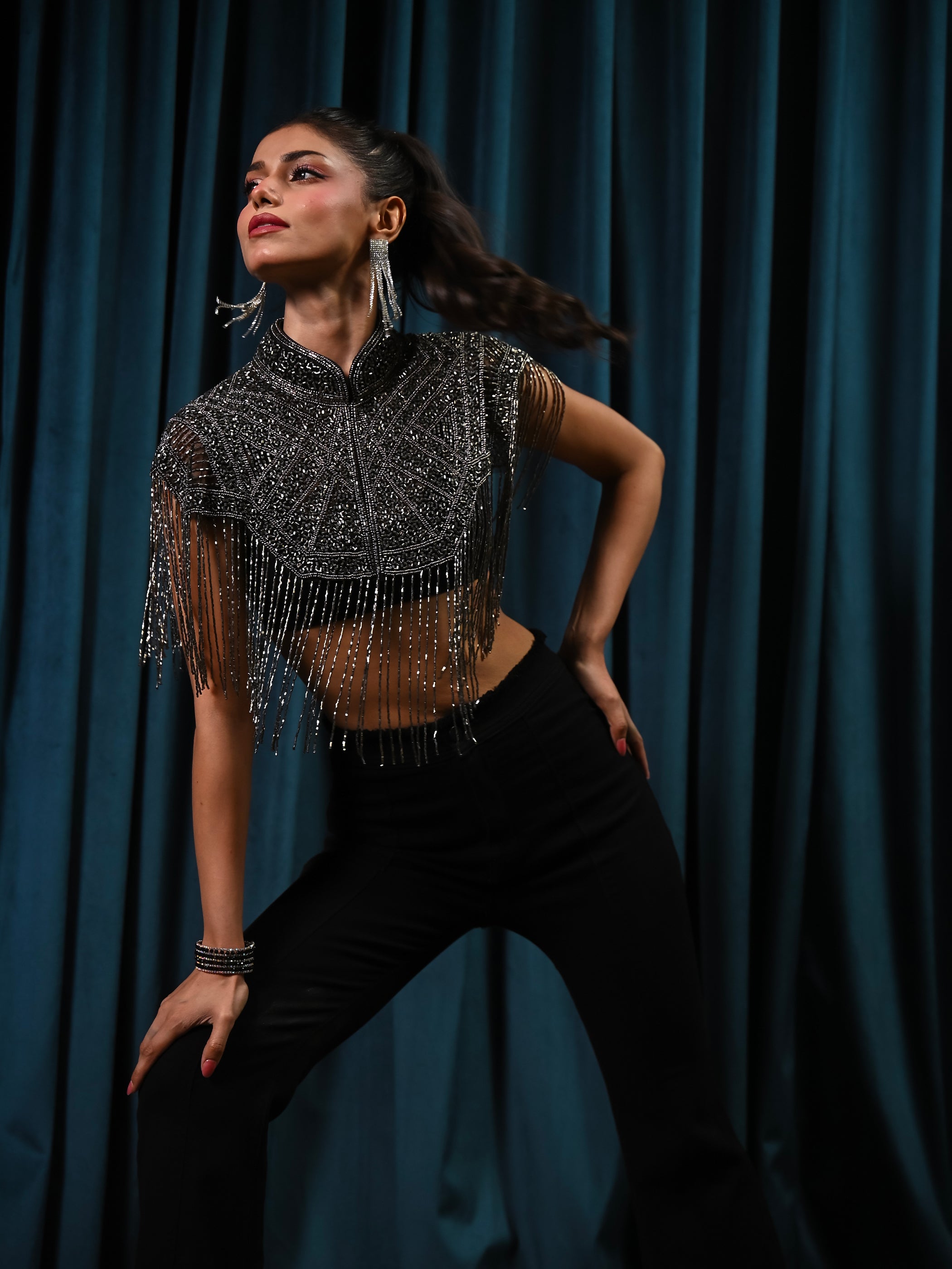 Bonnie Hand Embellished Black Silver Fringe Cape Top