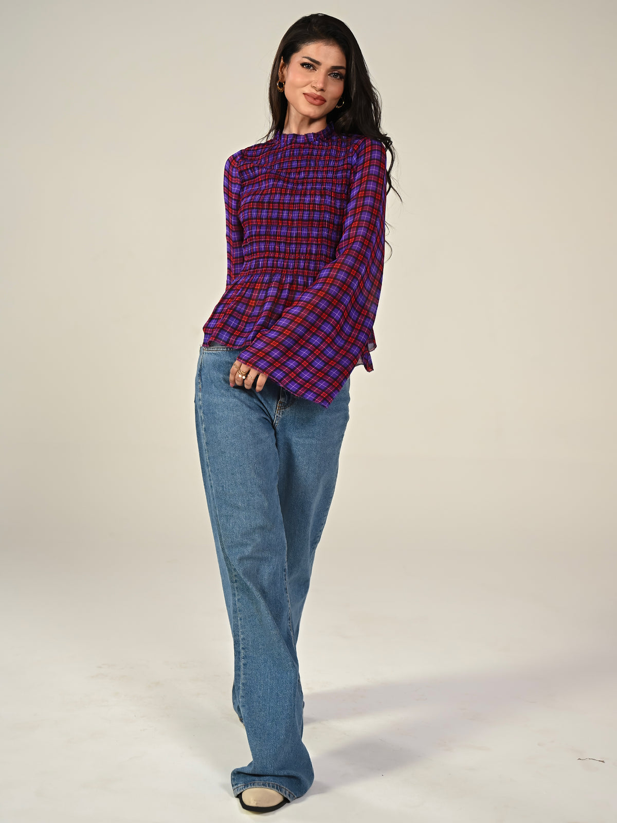 Monica Smocked Check Blouse