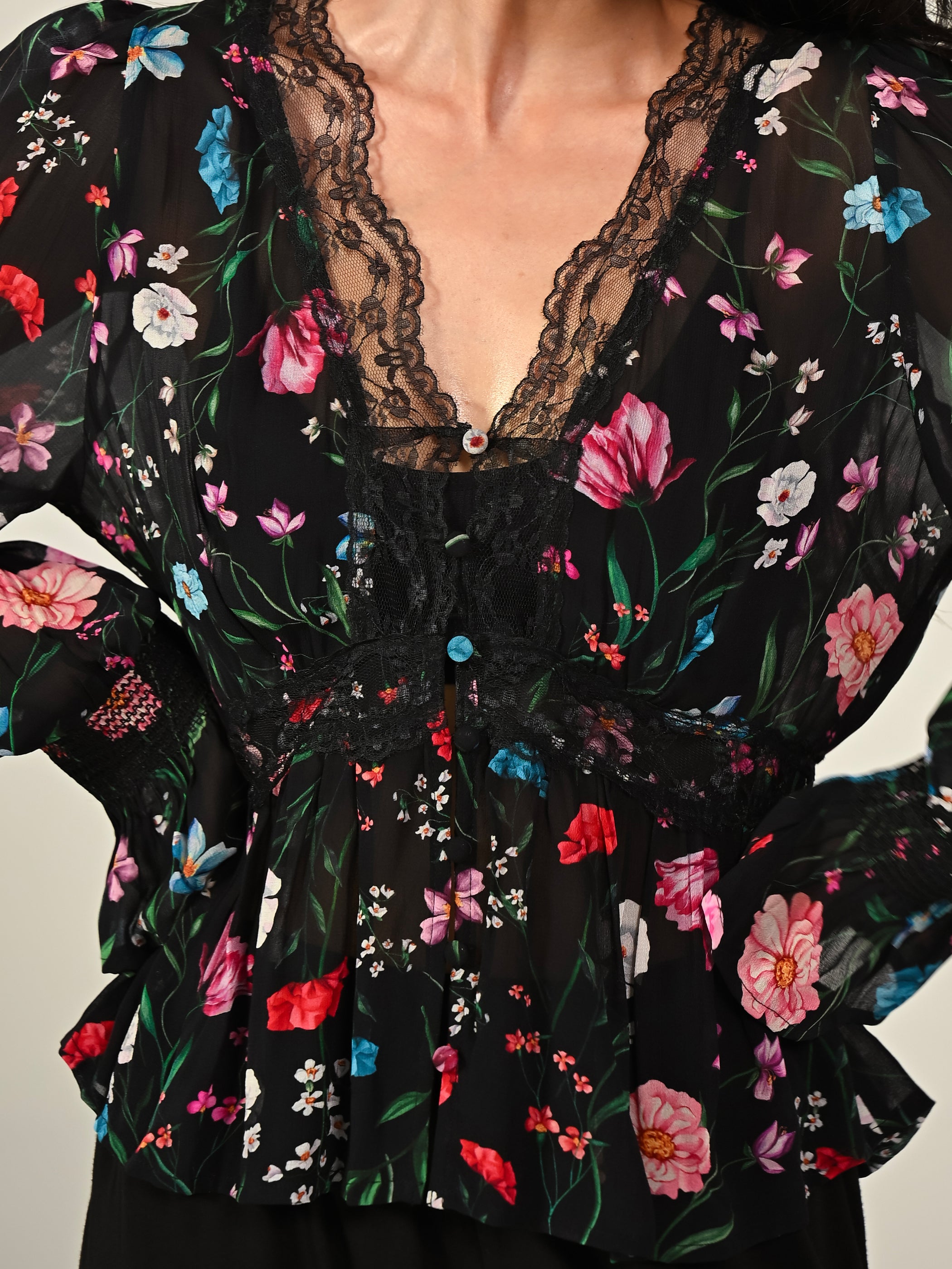 Juliette Black Floral Lace Trim Blouse