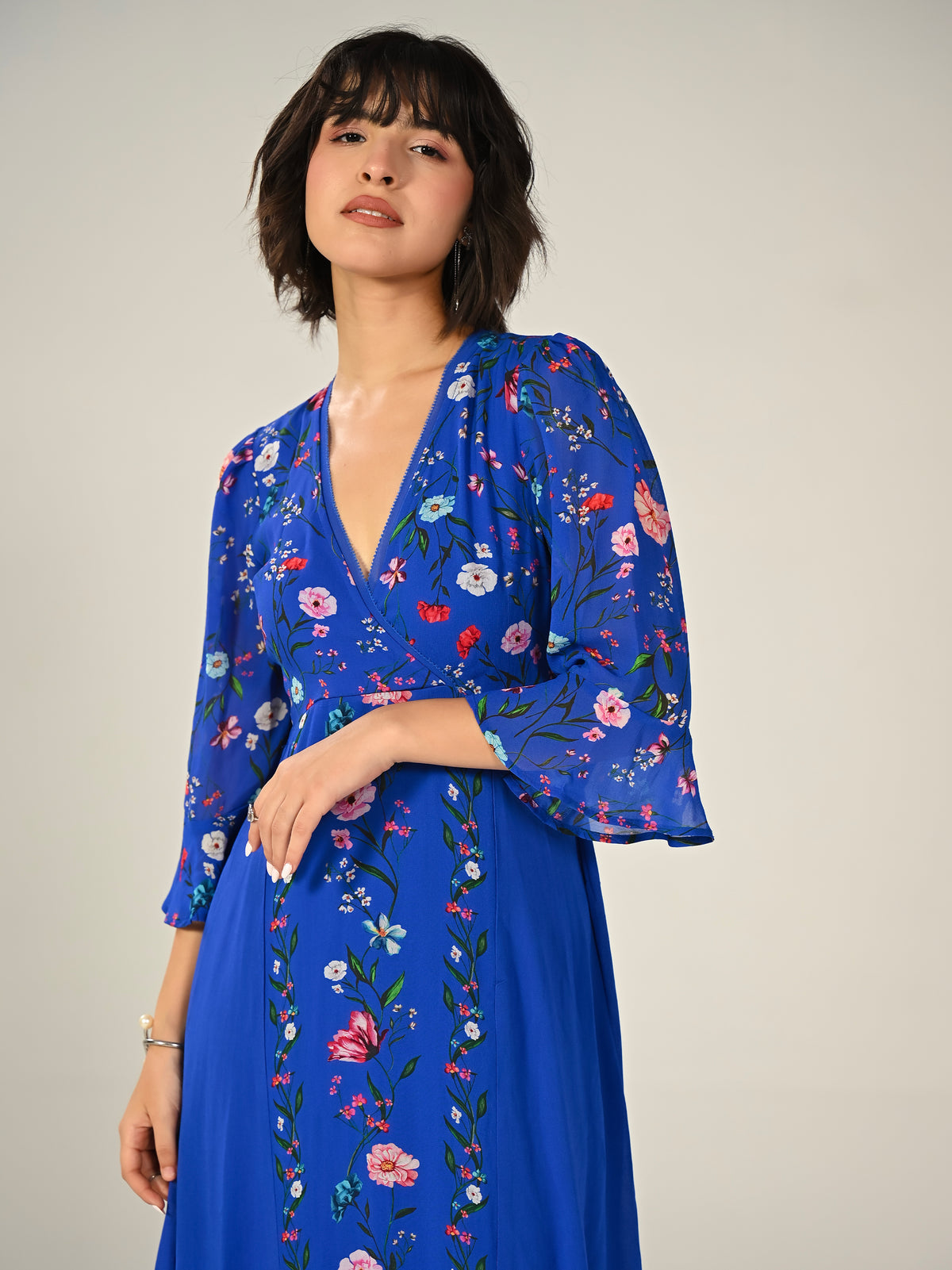 Tory Blue Botanical Floral Border Print Maxi Dress