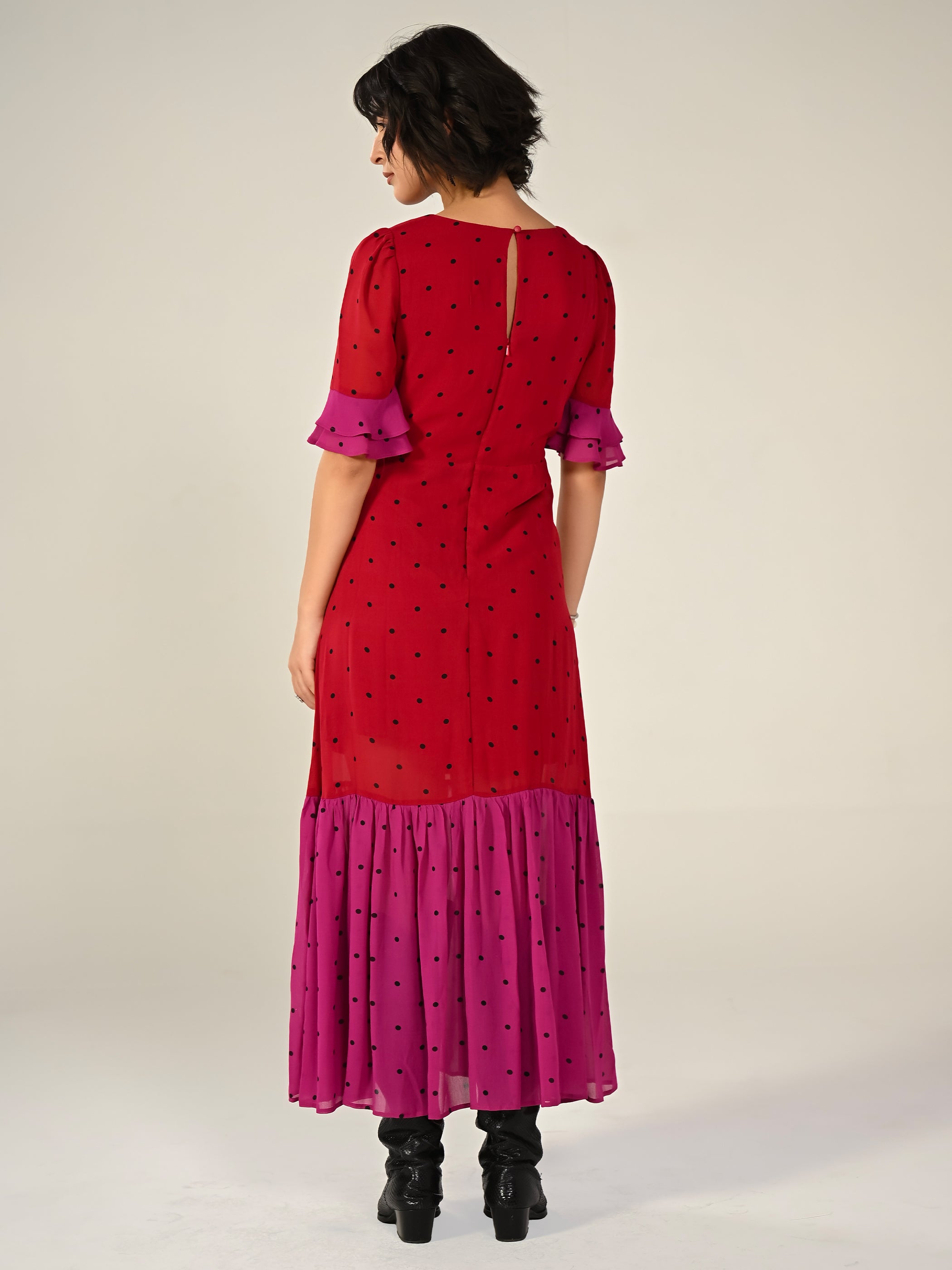 Saphi Red And Pink Polka Dot Midi Dress