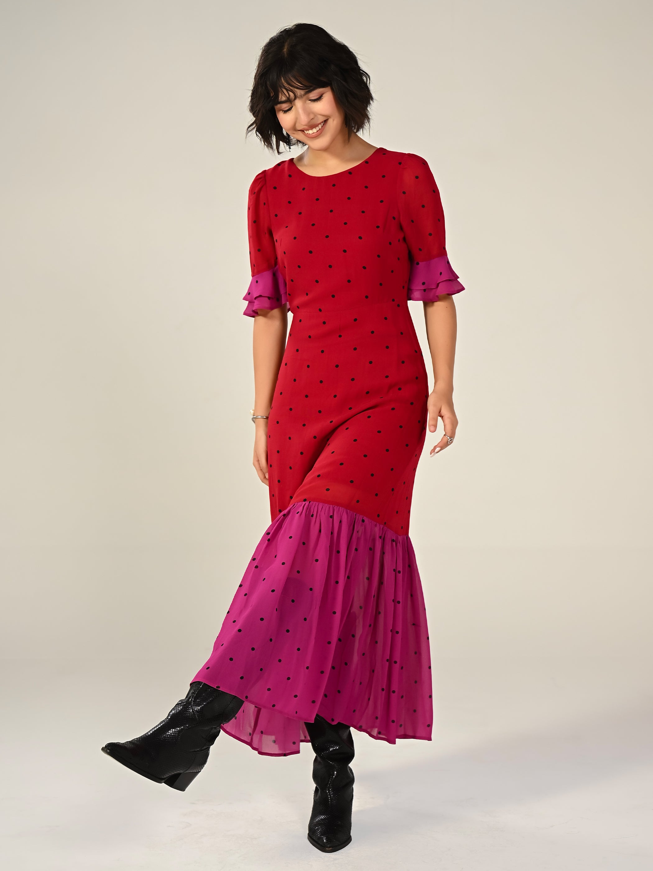 Saphi Red And Pink Polka Dot Midi Dress