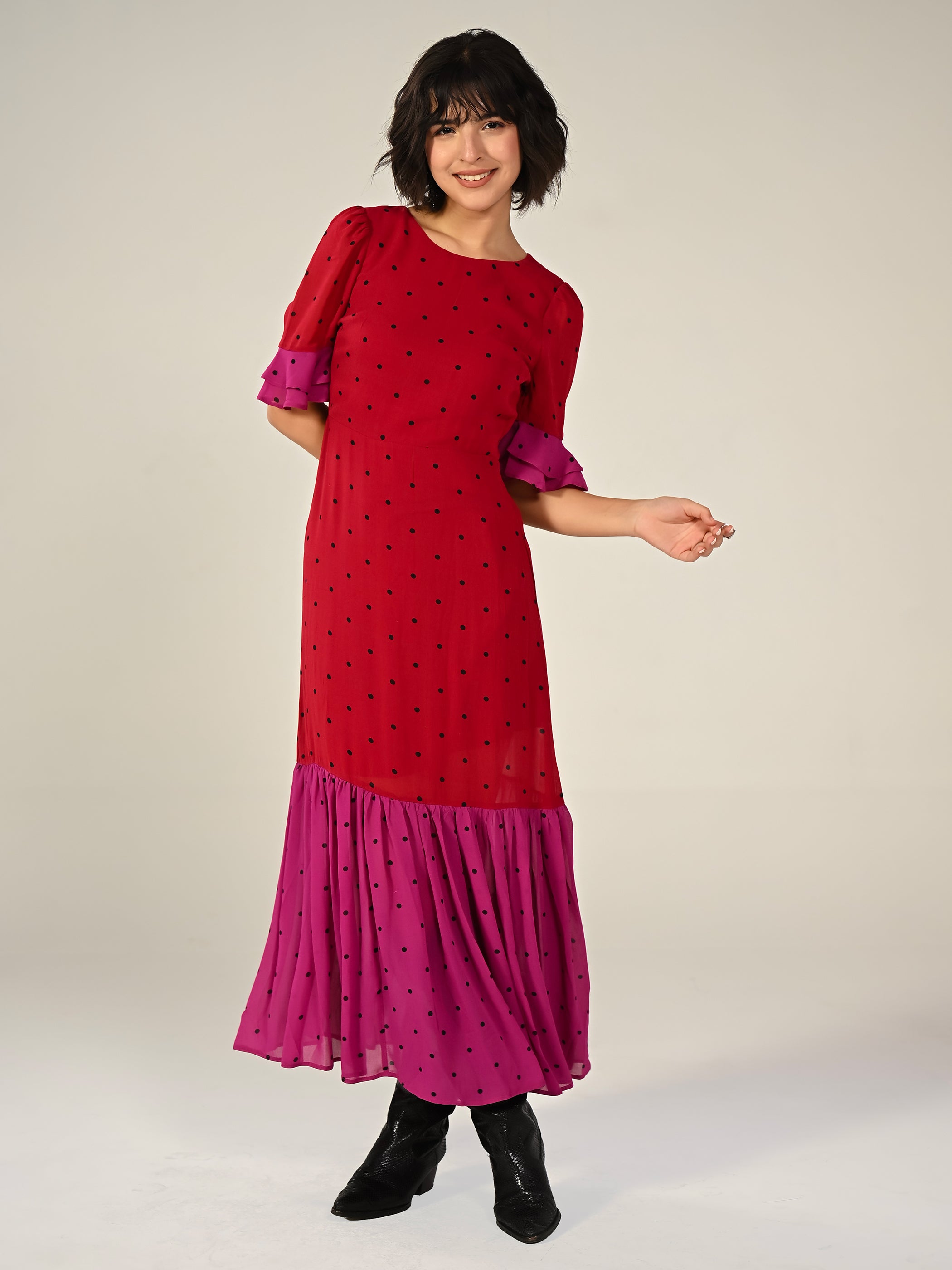 Saphi Red And Pink Polka Dot Midi Dress