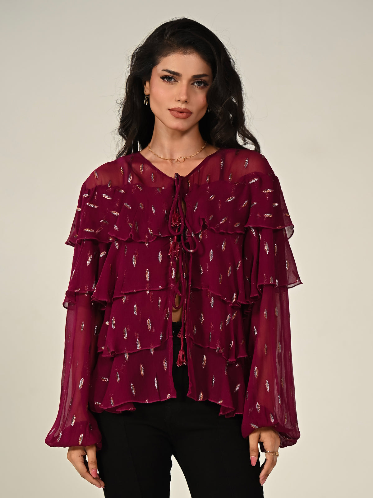 Talia Fuscia Pink Sparkle Frill Jacket