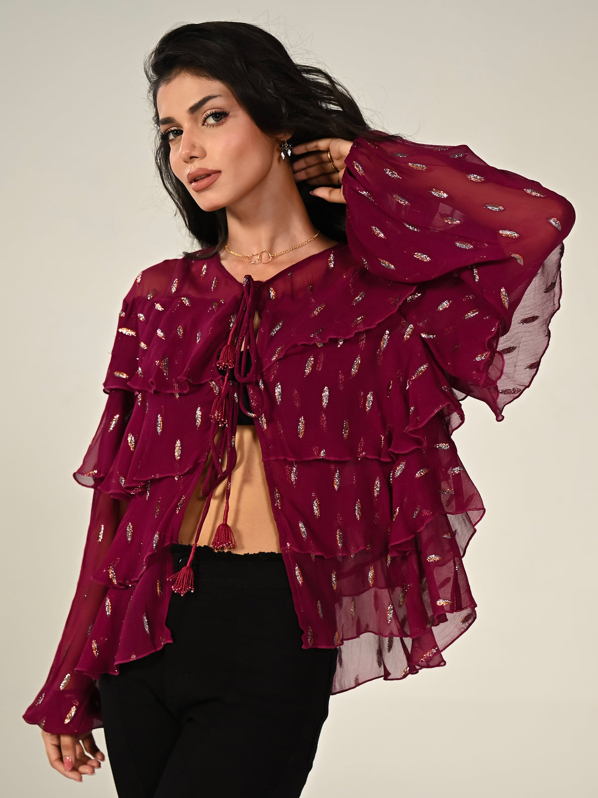 Talia Fuscia Pink Sparkle Frill Jacket