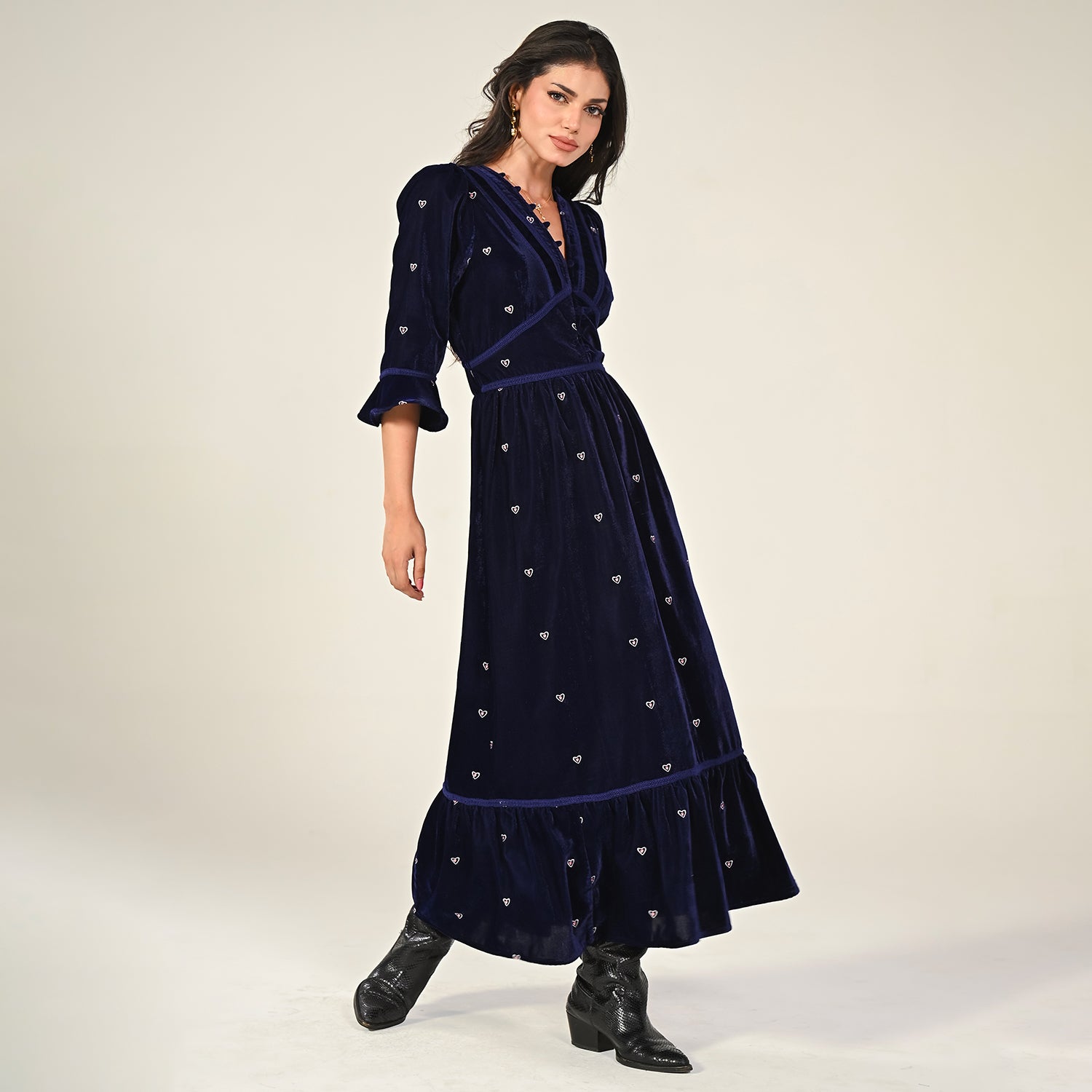 Giselle Burgundy Embroidery Velvet Midi Dress