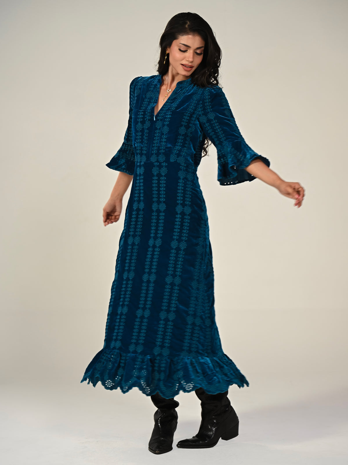 Cat Teal Embroidered Velvet Midi Dress