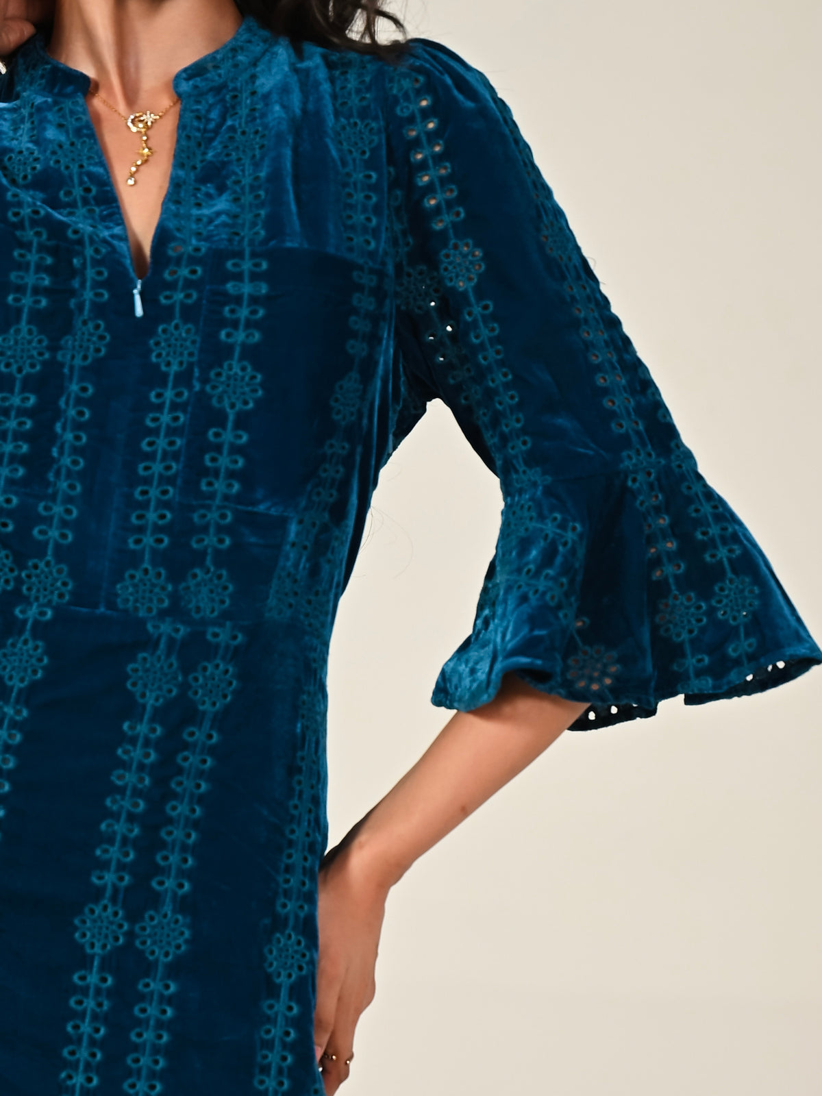 Cat Teal Embroidered Velvet Midi Dress