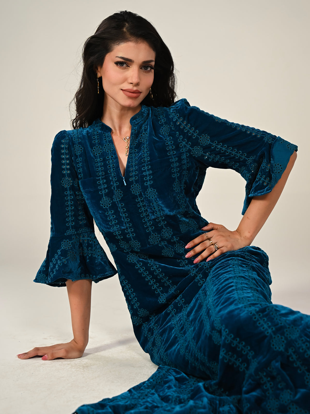 Cat Teal Embroidered Velvet Midi Dress