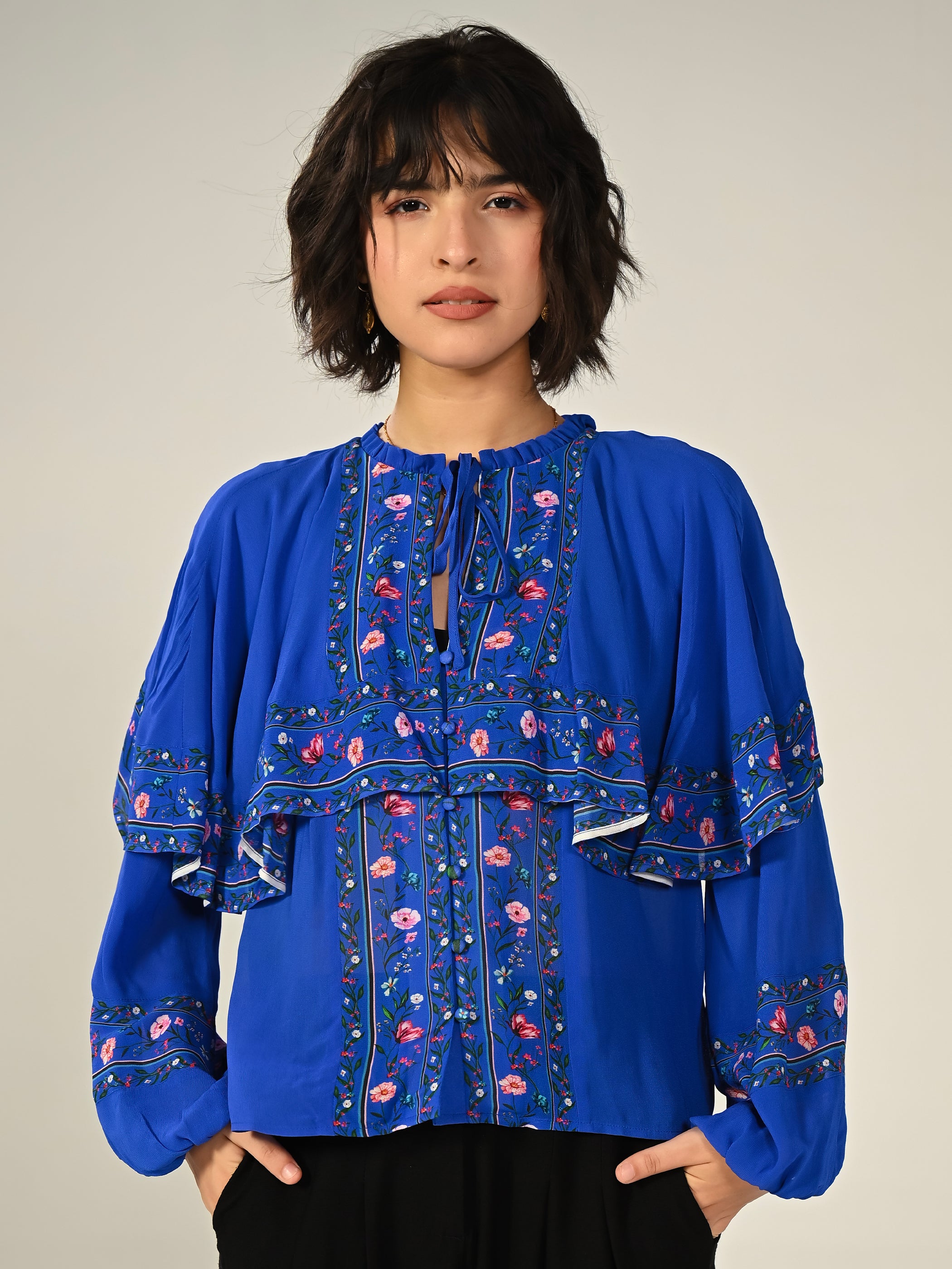 Tory Blue Floral Cape Blouse