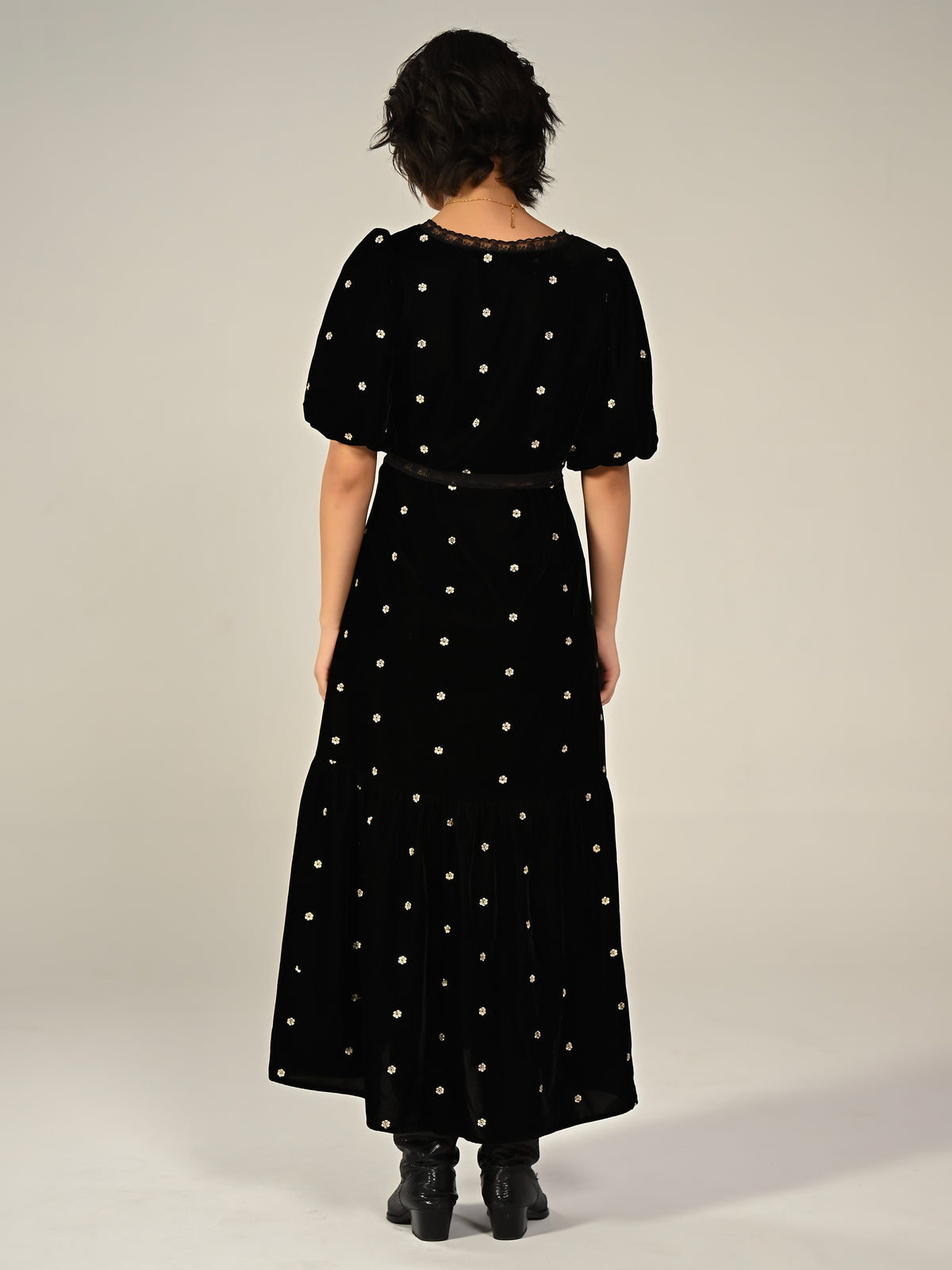 Molly Black Lace Embroidered Velvet Midi Dress