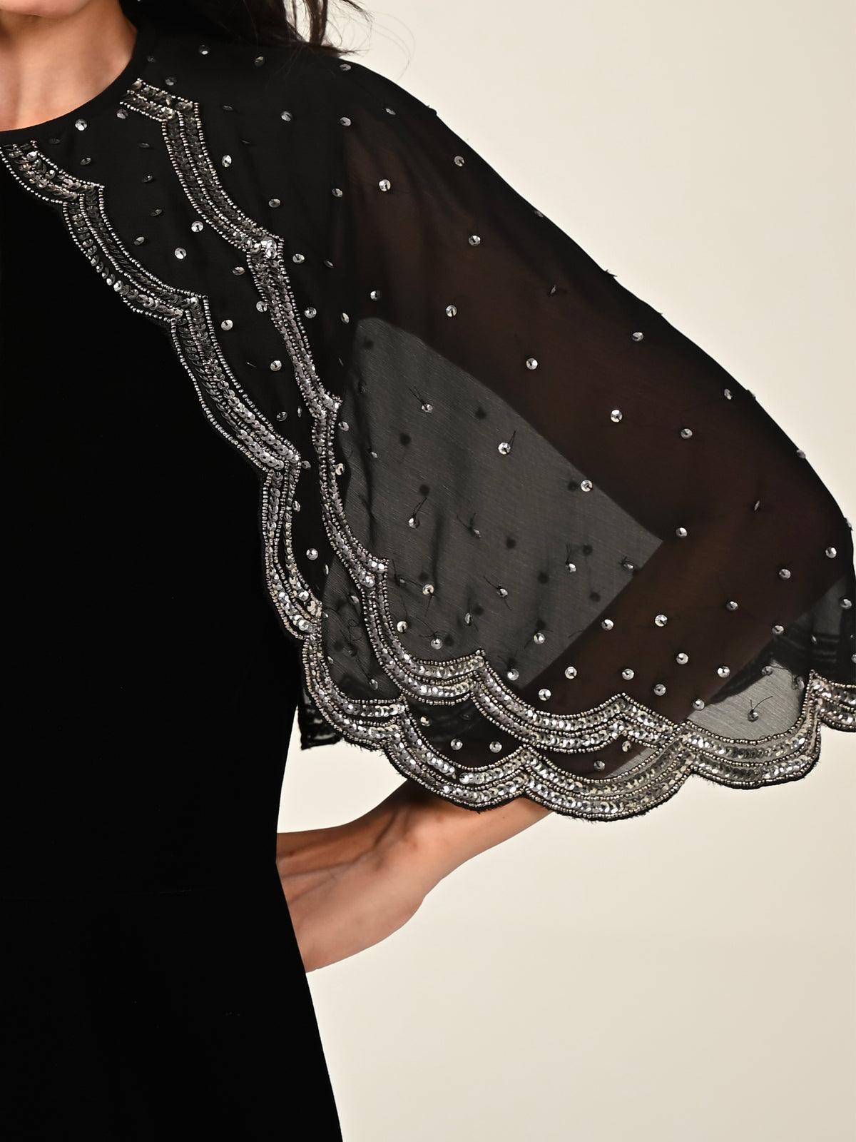 Heidi Black Velvet Hand Embroidered Cape Mini Dress