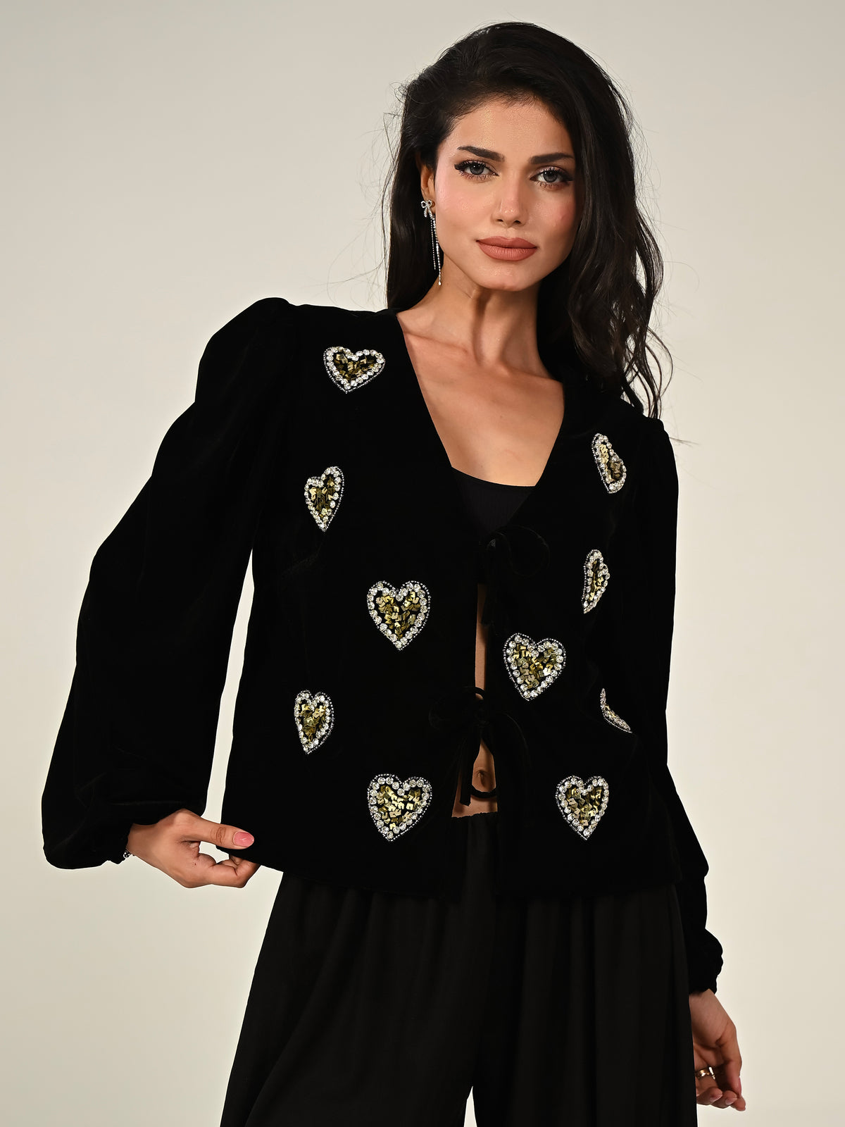 Rosheen Black Velvet Hand Embellished Heart Tie Front Top