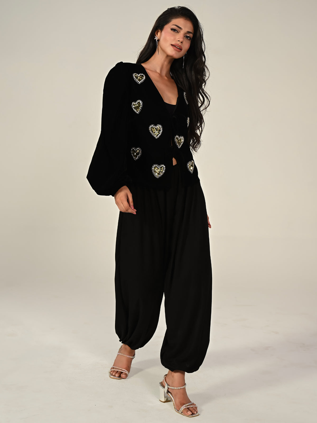 Rosheen Black Velvet Hand Embellished Heart Tie Front Top
