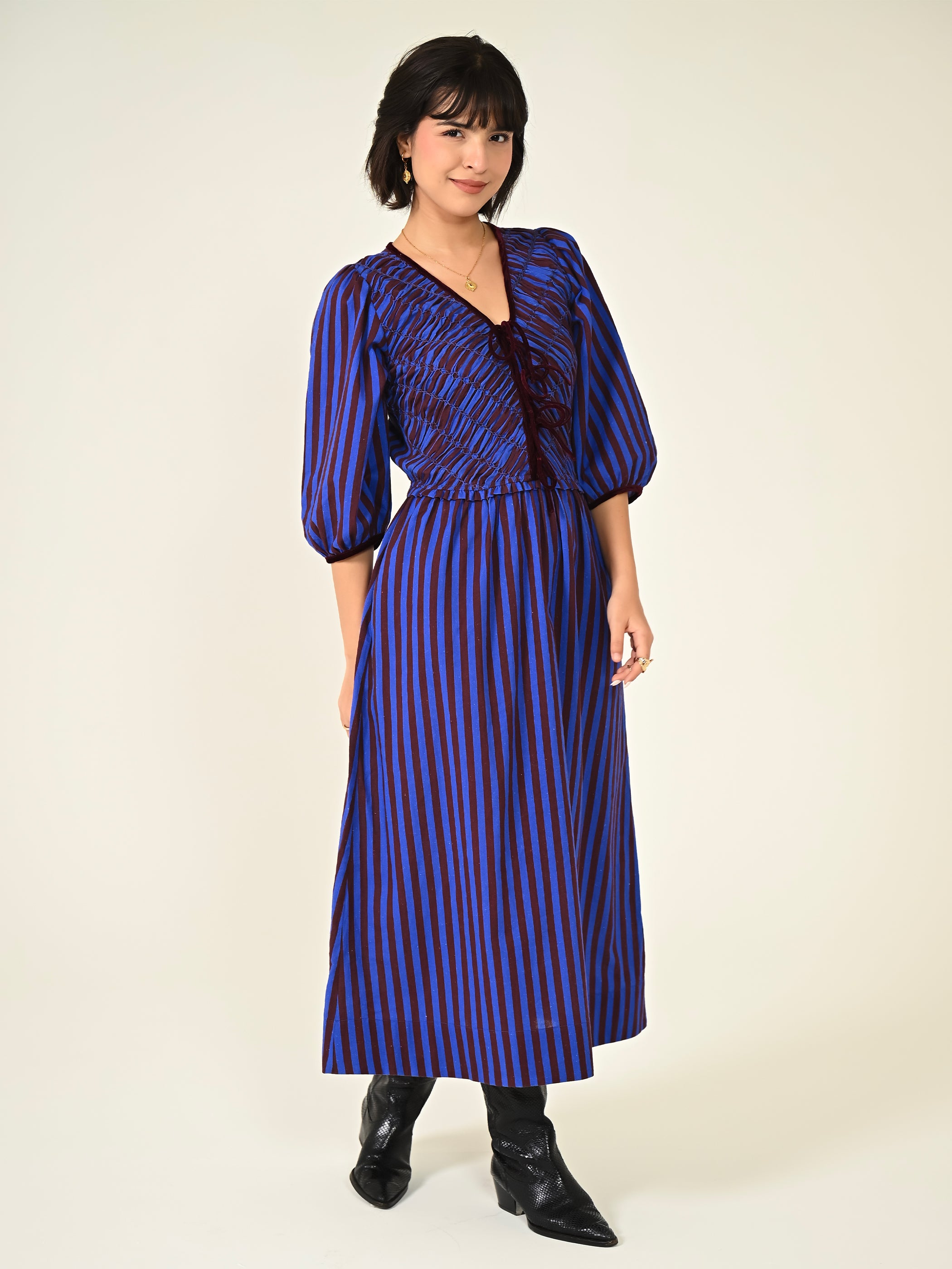 Isla Hand Smocked Blue And Burgundy Stripe Midi Dress