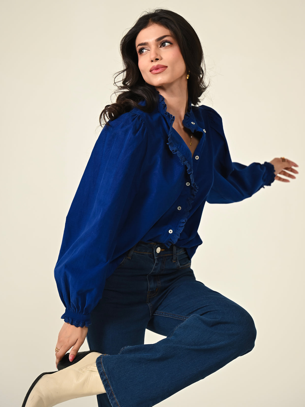Nerys Blue Cord Embroidered Frill Blouse