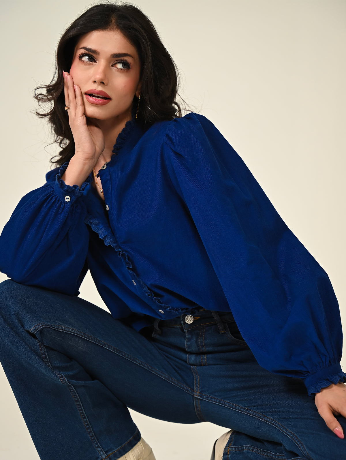 Nerys Blue Cord Embroidered Frill Blouse